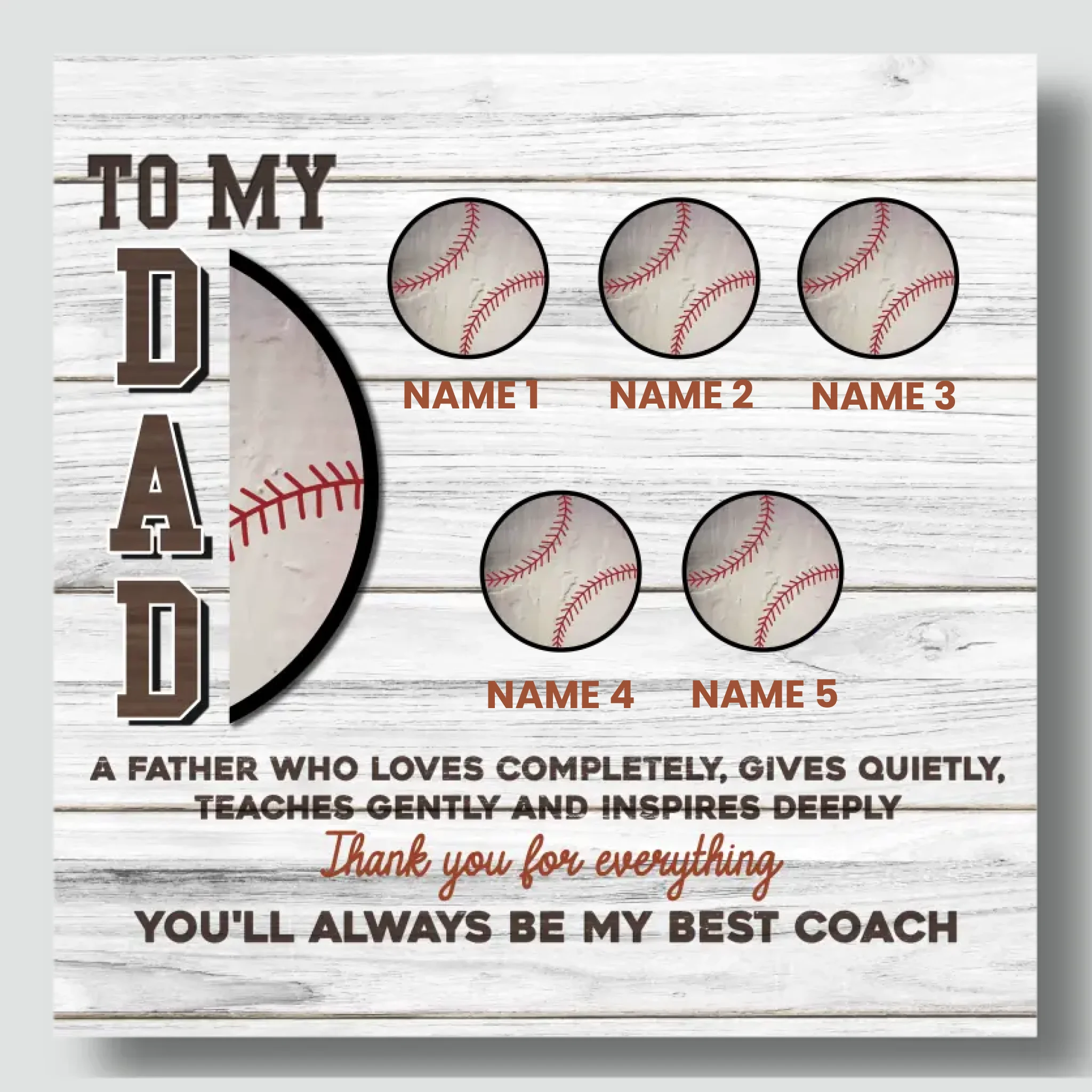 Custom Baseball-Themed Canvas for Dad – Personalized Gift with Kids' Names