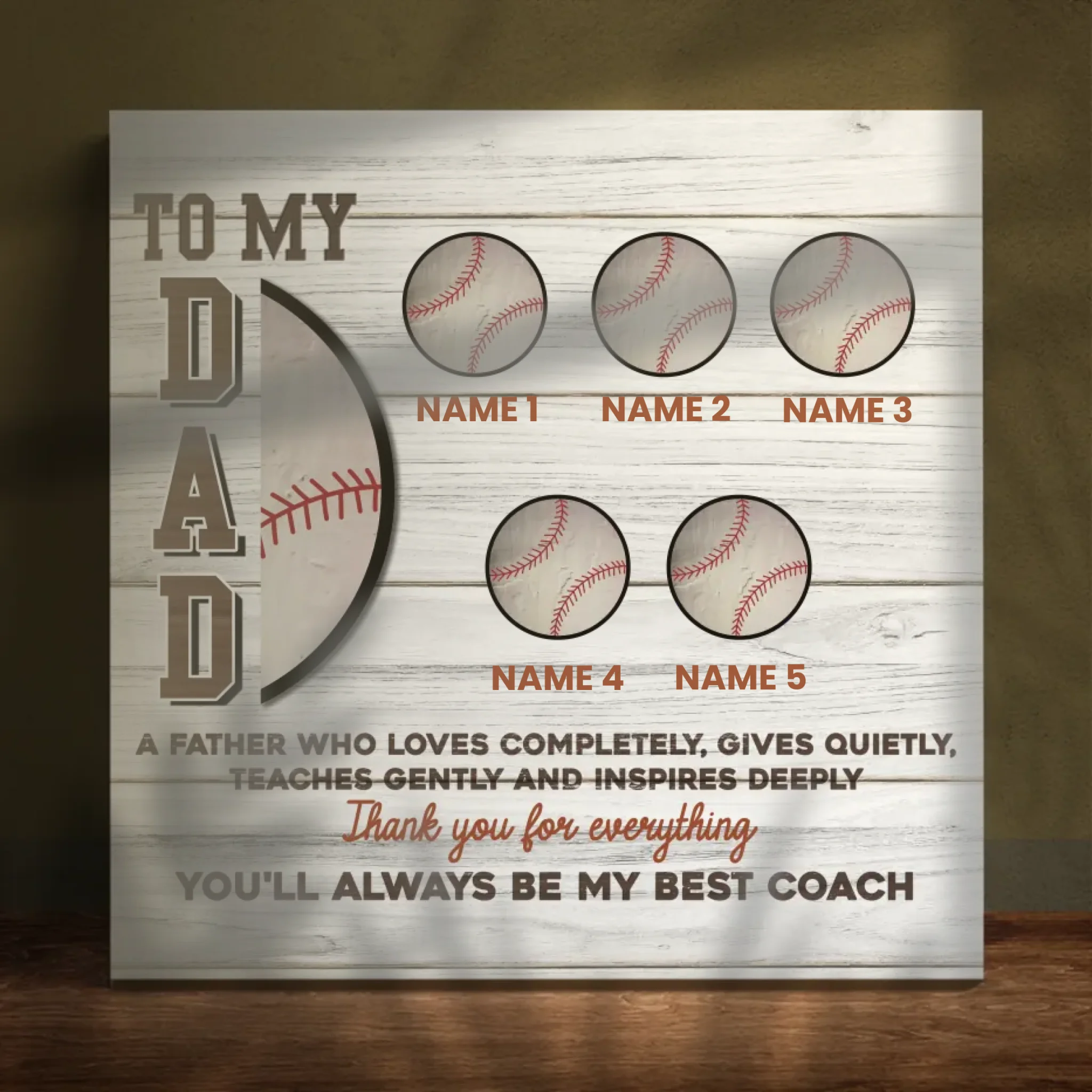 Custom Baseball-Themed Canvas for Dad – Personalized Gift with Kids' Names