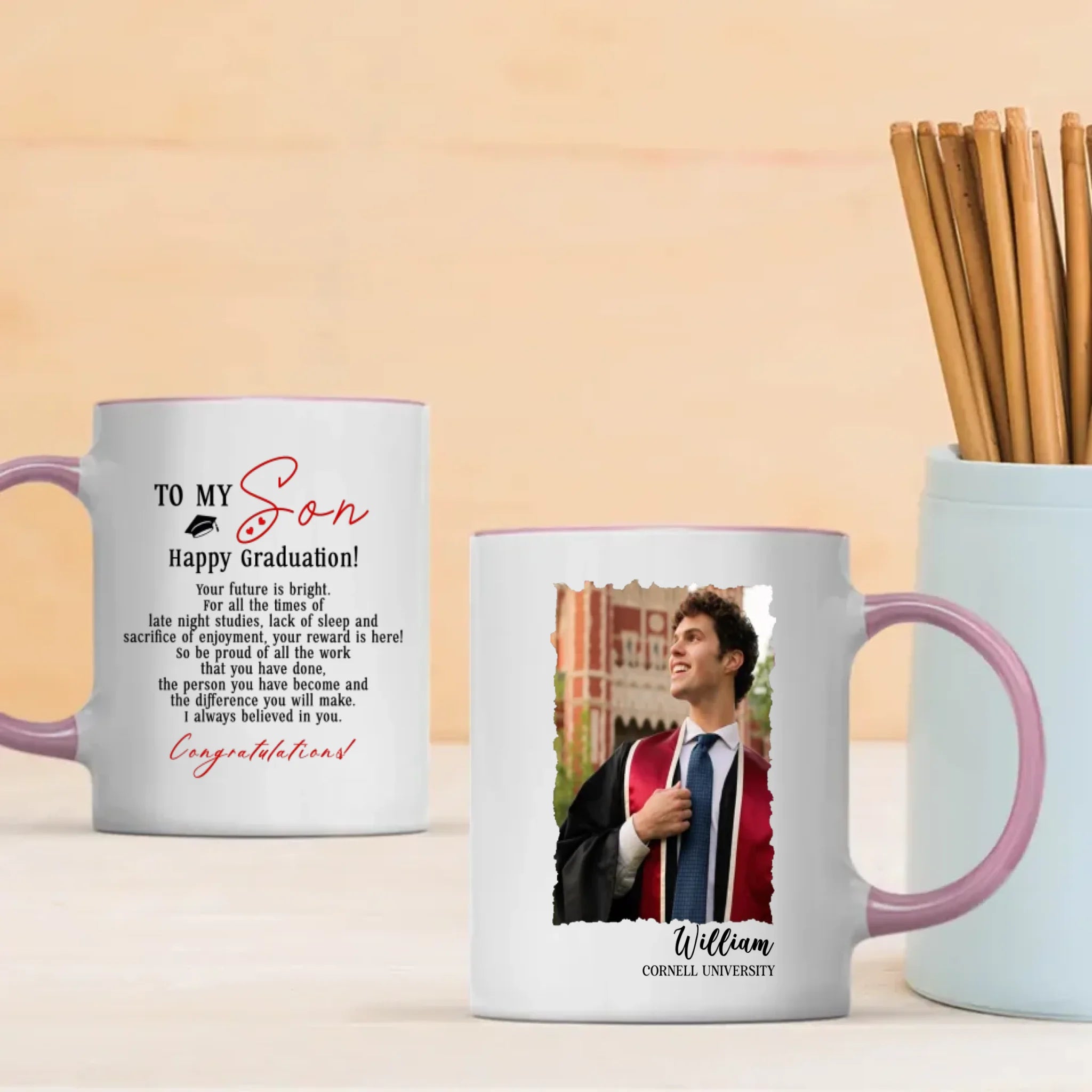 Personalized Graduation Mug for Son – Custom Photo & Name – Inspirational Message Gift from Mom or Dad – 89Prints