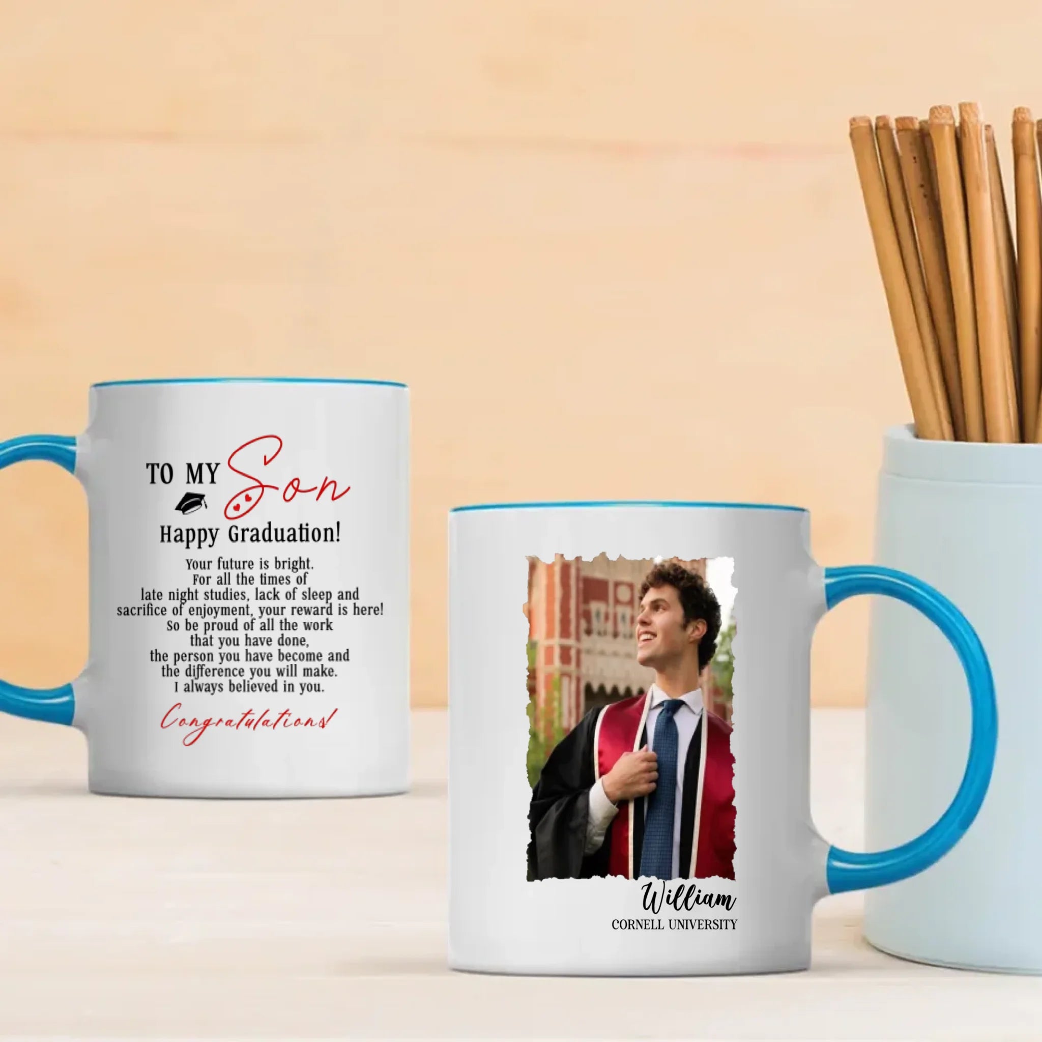 Personalized Graduation Mug for Son – Custom Photo & Name – Inspirational Message Gift from Mom or Dad – 89Prints