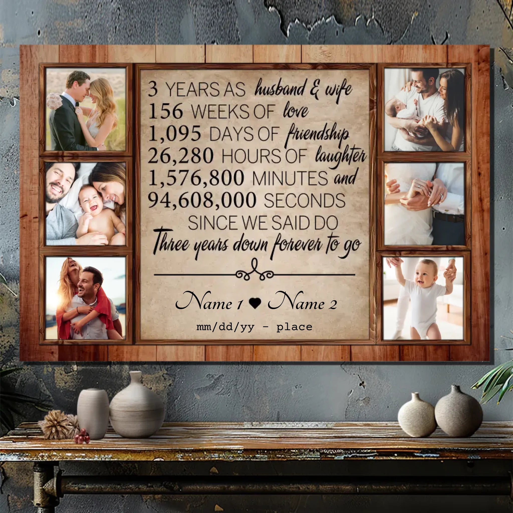 Personalized 3rd Anniversary Canvas - Custom Name & 6 Photo Collage for Couples