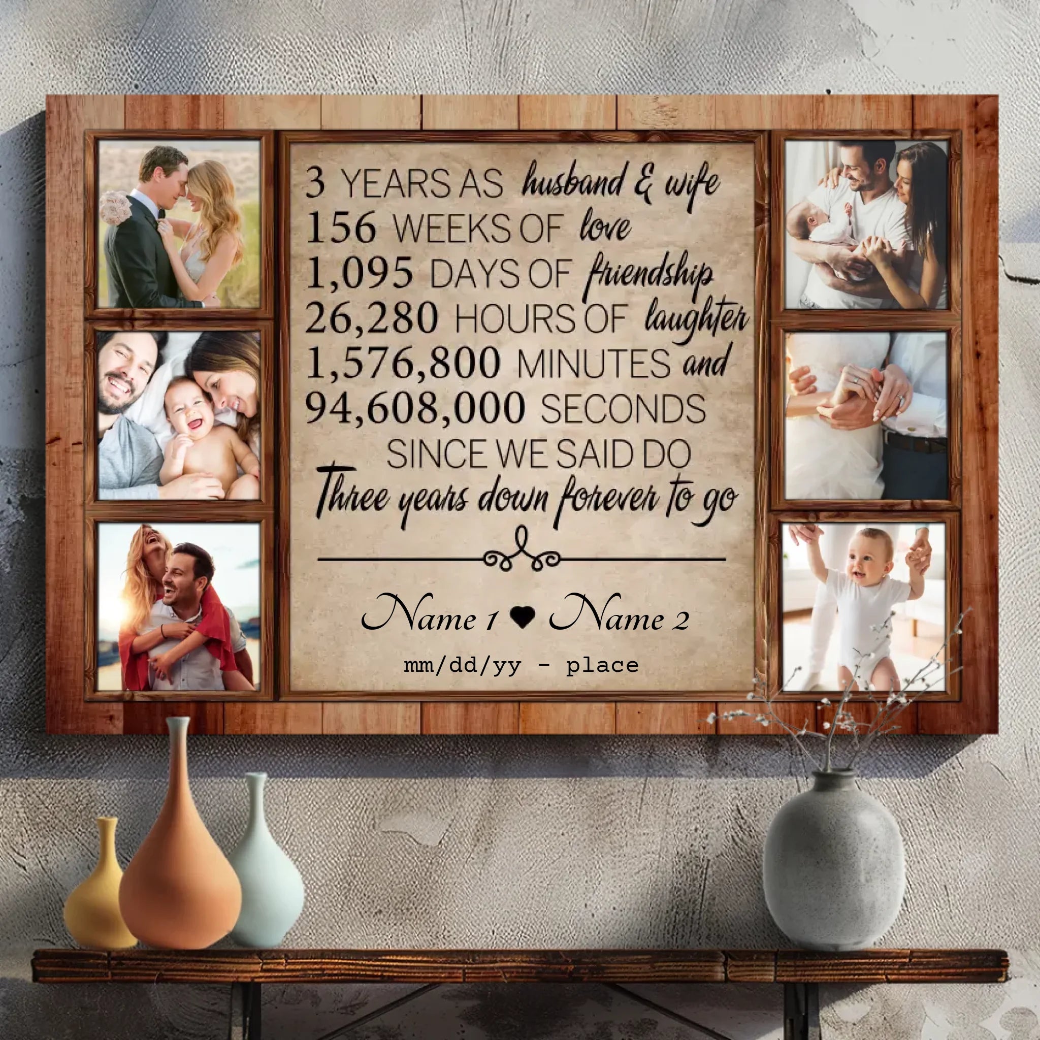Personalized 3rd Anniversary Canvas - Custom Name & 6 Photo Collage for Couples
