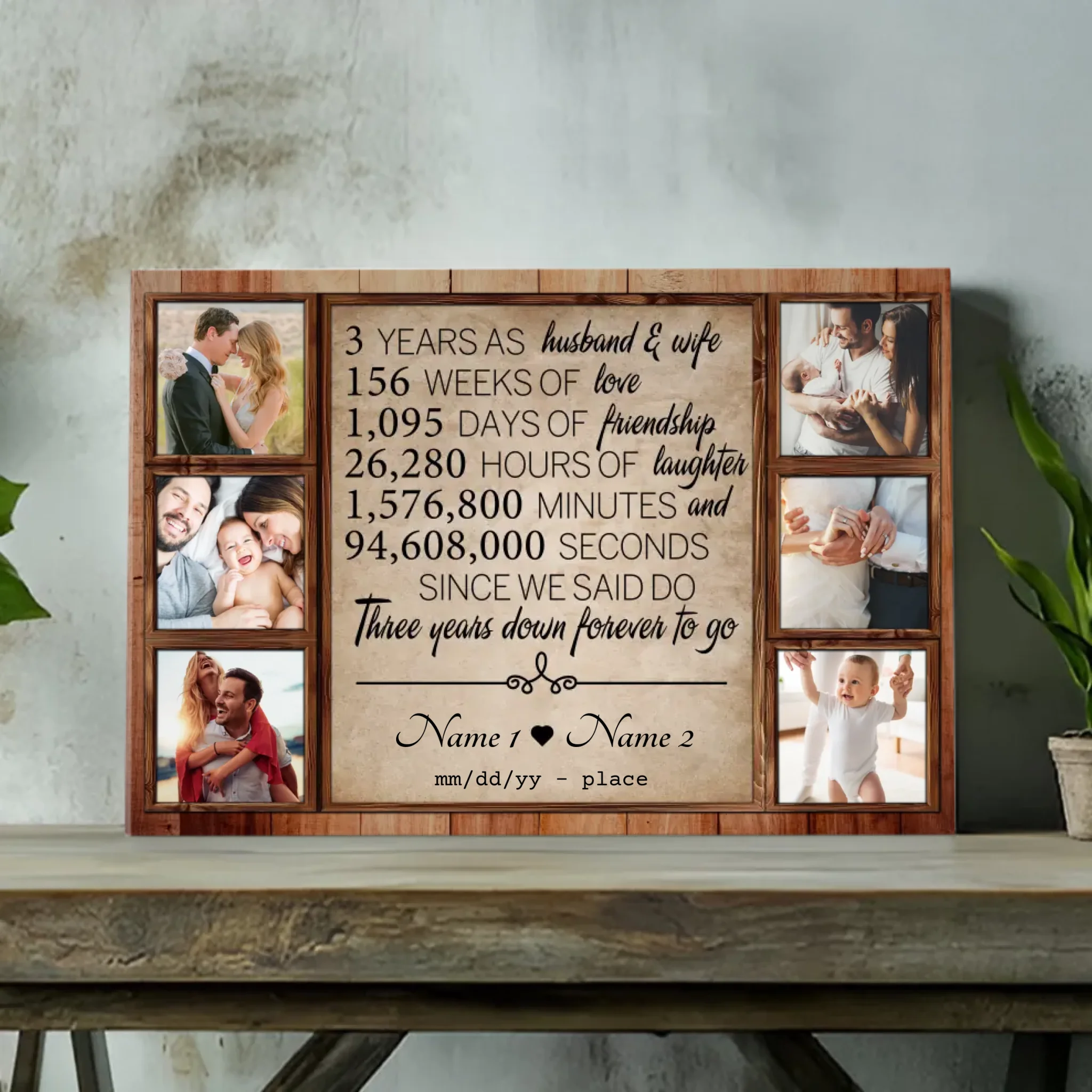 Personalized 3rd Anniversary Canvas - Custom Name & 6 Photo Collage for Couples