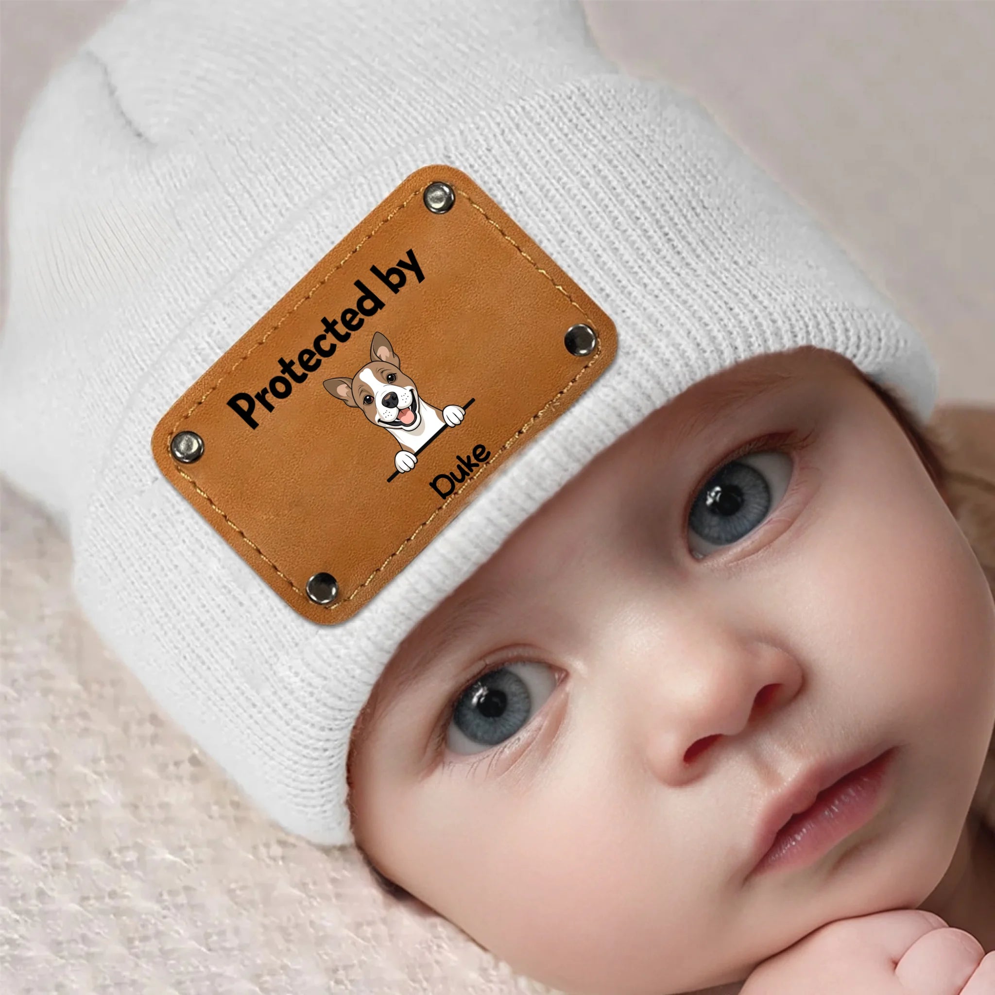 “Protected by My Dog” Beanie – Custom Name Leather Patch - 89Prints
