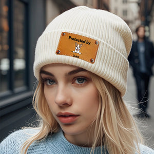 “Protected by My Dog” Beanie – Custom Name Leather Patch - 89Prints