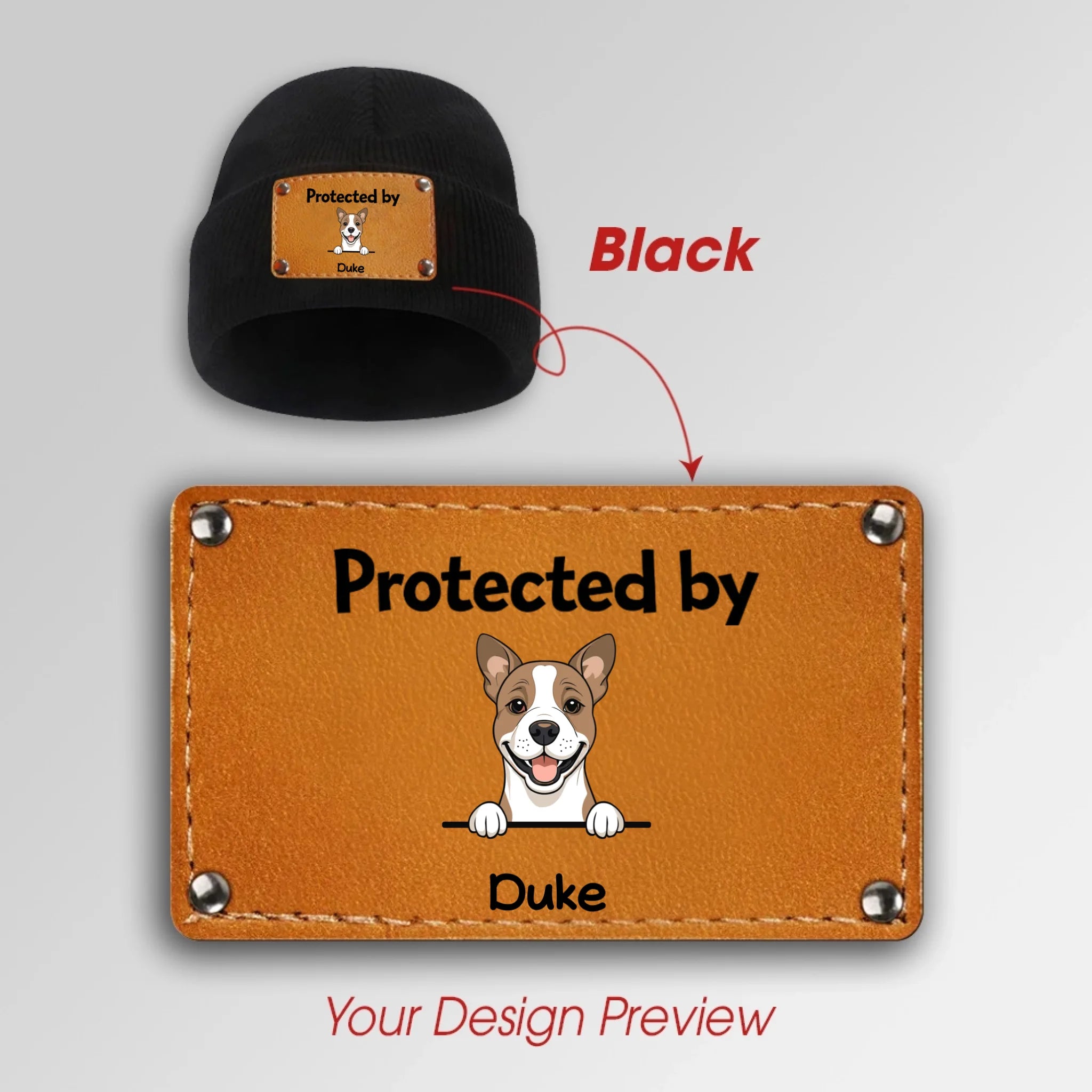 “Protected by My Dog” Beanie – Custom Name Leather Patch - 89Prints