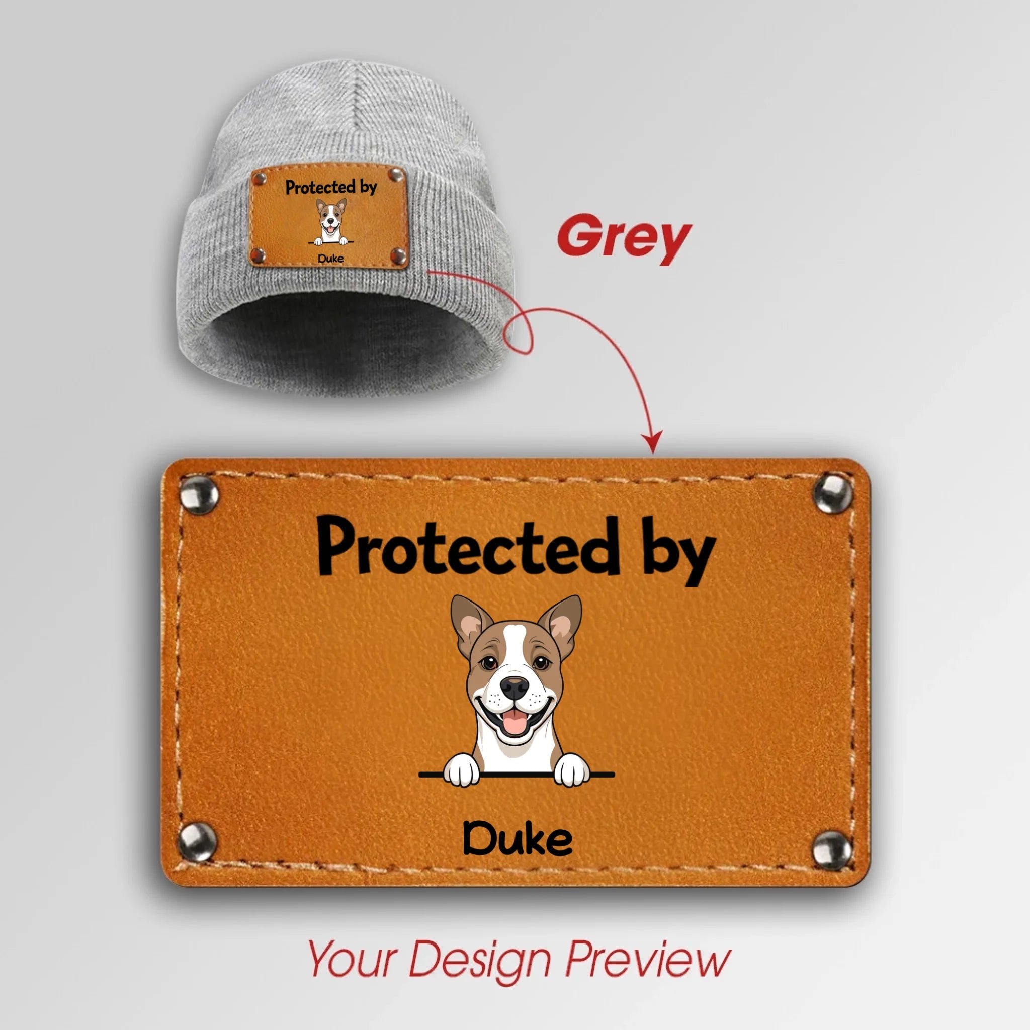 “Protected by My Dog” Beanie – Custom Name Leather Patch - 89Prints