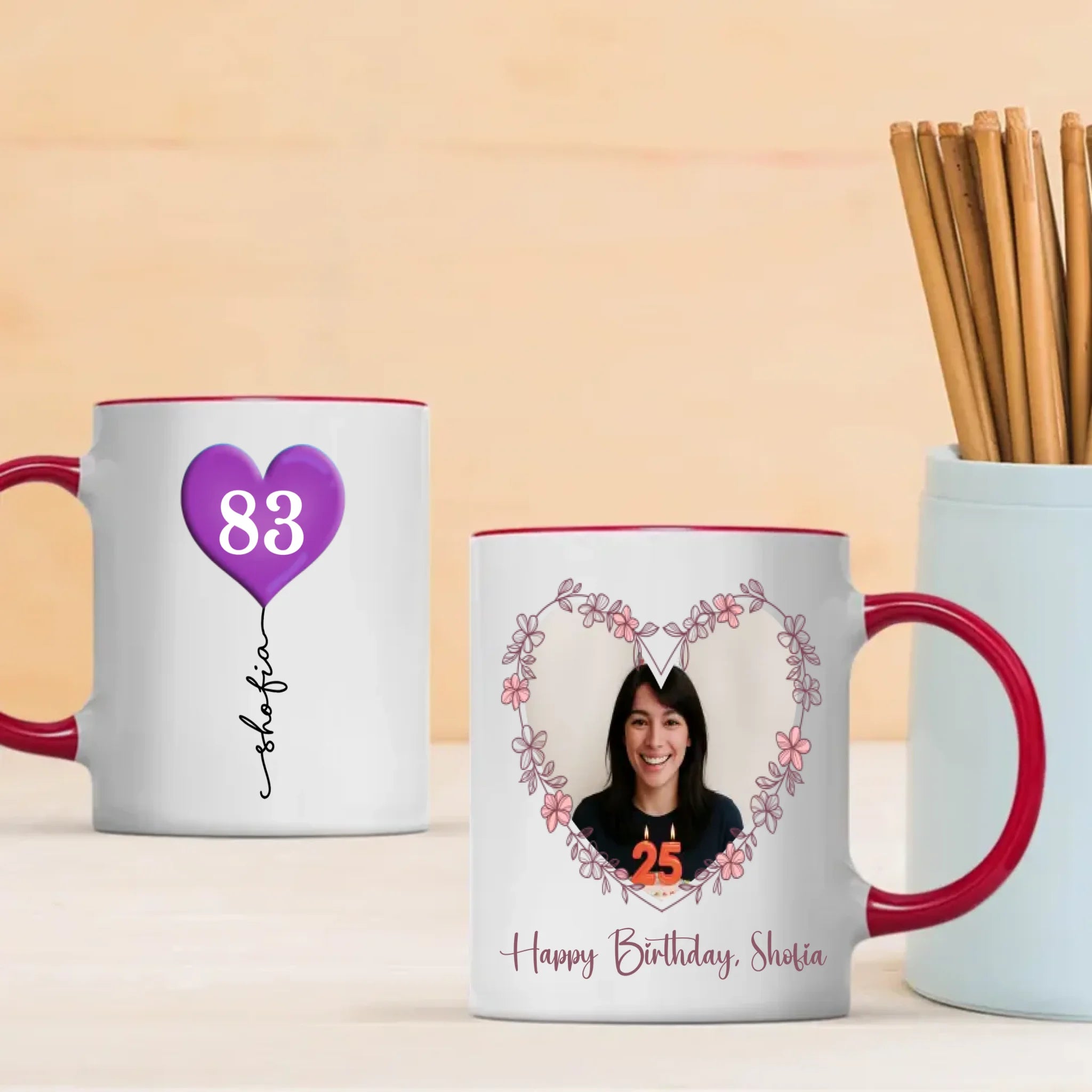 Elegant 83rd Birthday Mug – Personalized Heart Balloon Photo Gift for Her or Him – 89Prints