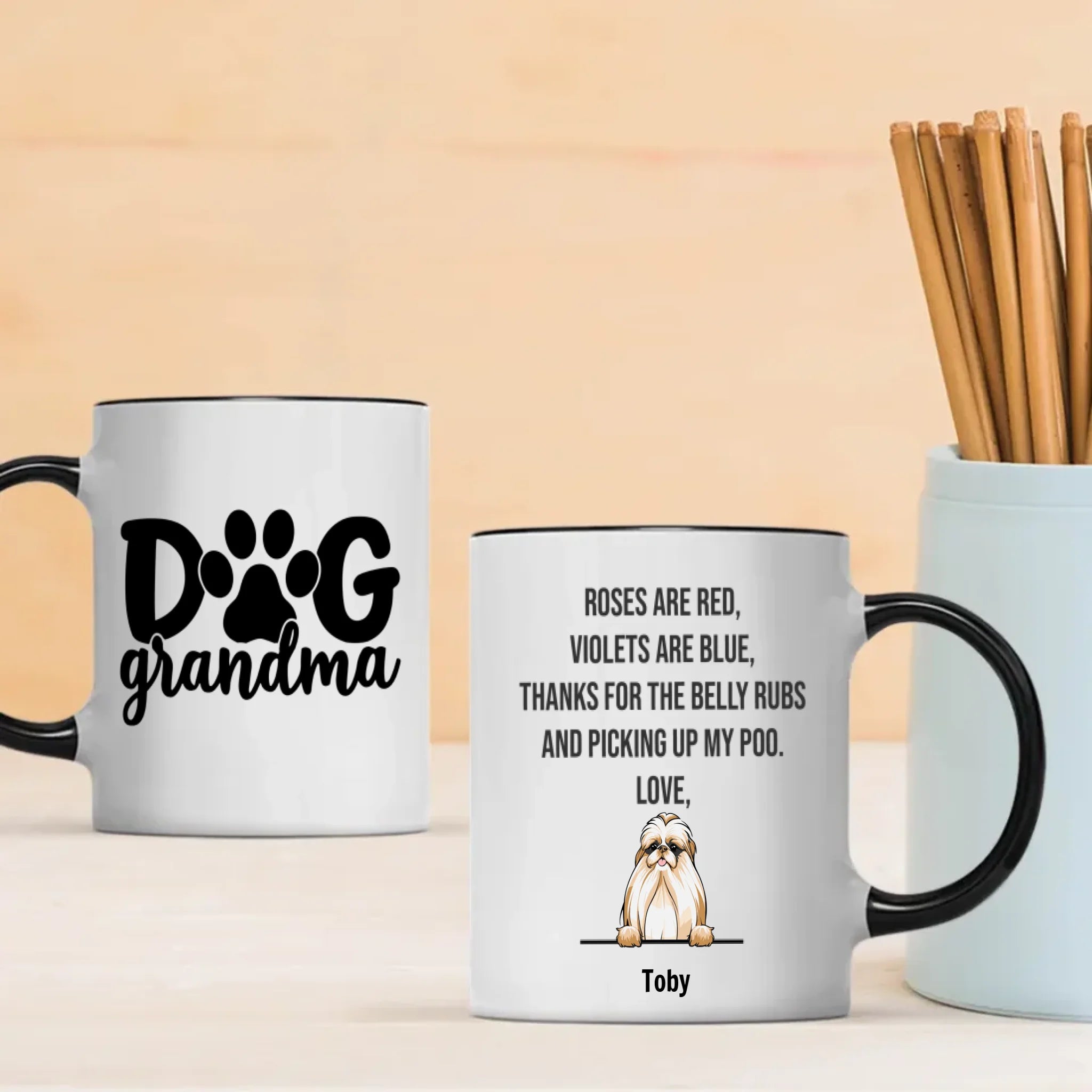 “Dog Grandma” Personalized Mug – Pick 1–3 Dogs, Add Breeds & Names – Fun Custom Gift – 89Prints