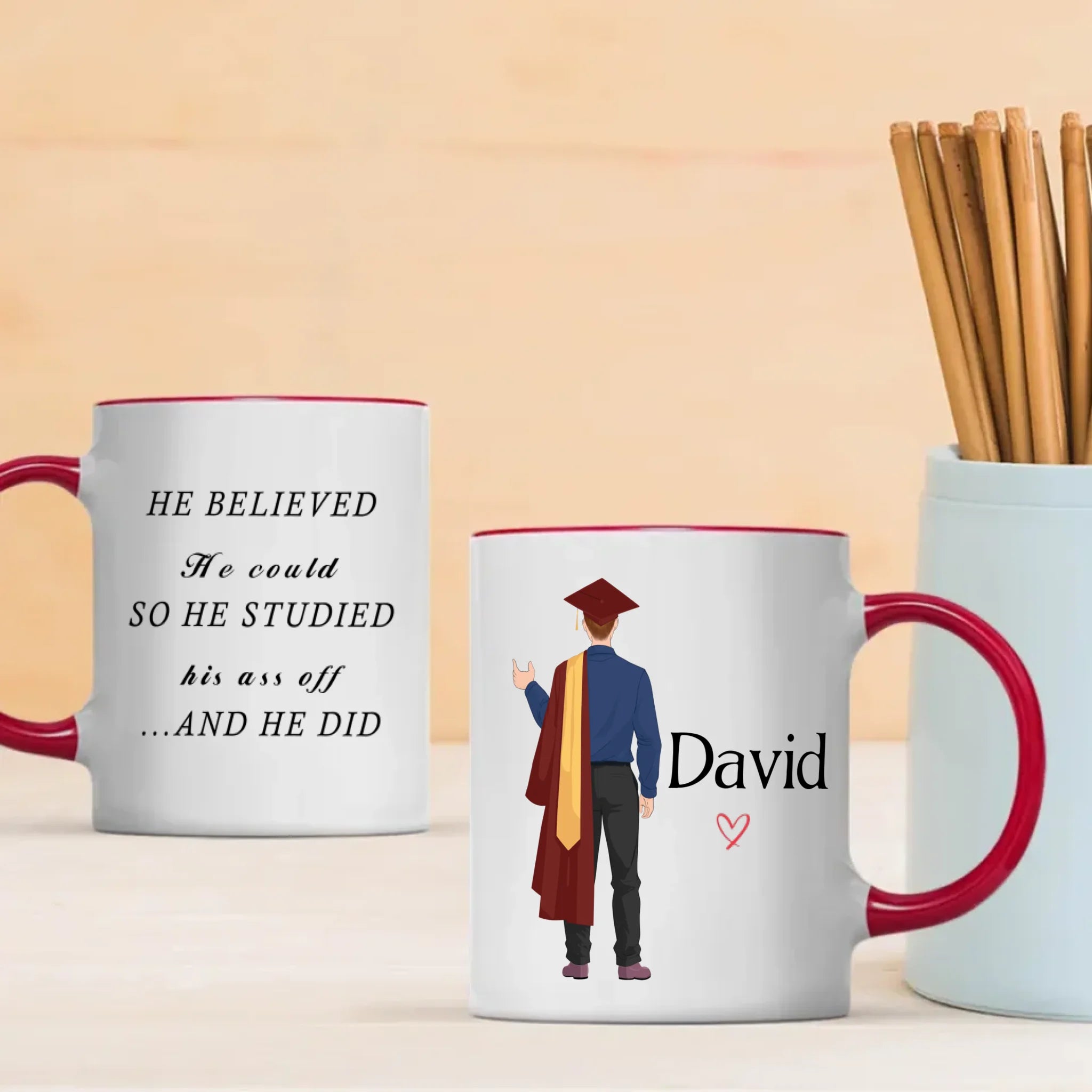 “He Believed and He Did” Personalized Graduation Mug – Good Luck & New Beginnings | 89Prints