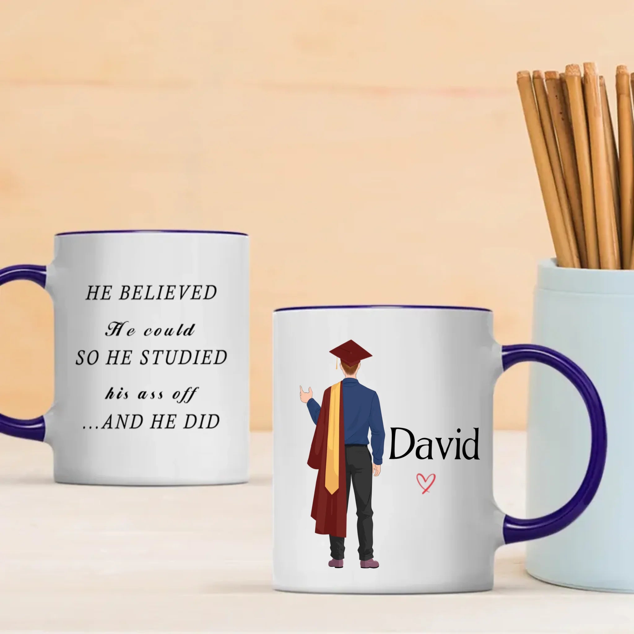 “He Believed and He Did” Personalized Graduation Mug – Good Luck & New Beginnings | 89Prints