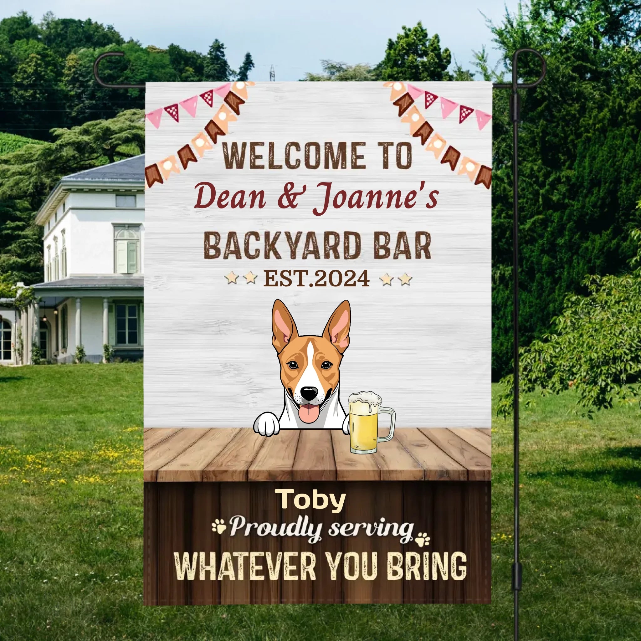 Personalized Dog Flag Backyard Bar Sign – Custom Dog Images & Names by 89Prints