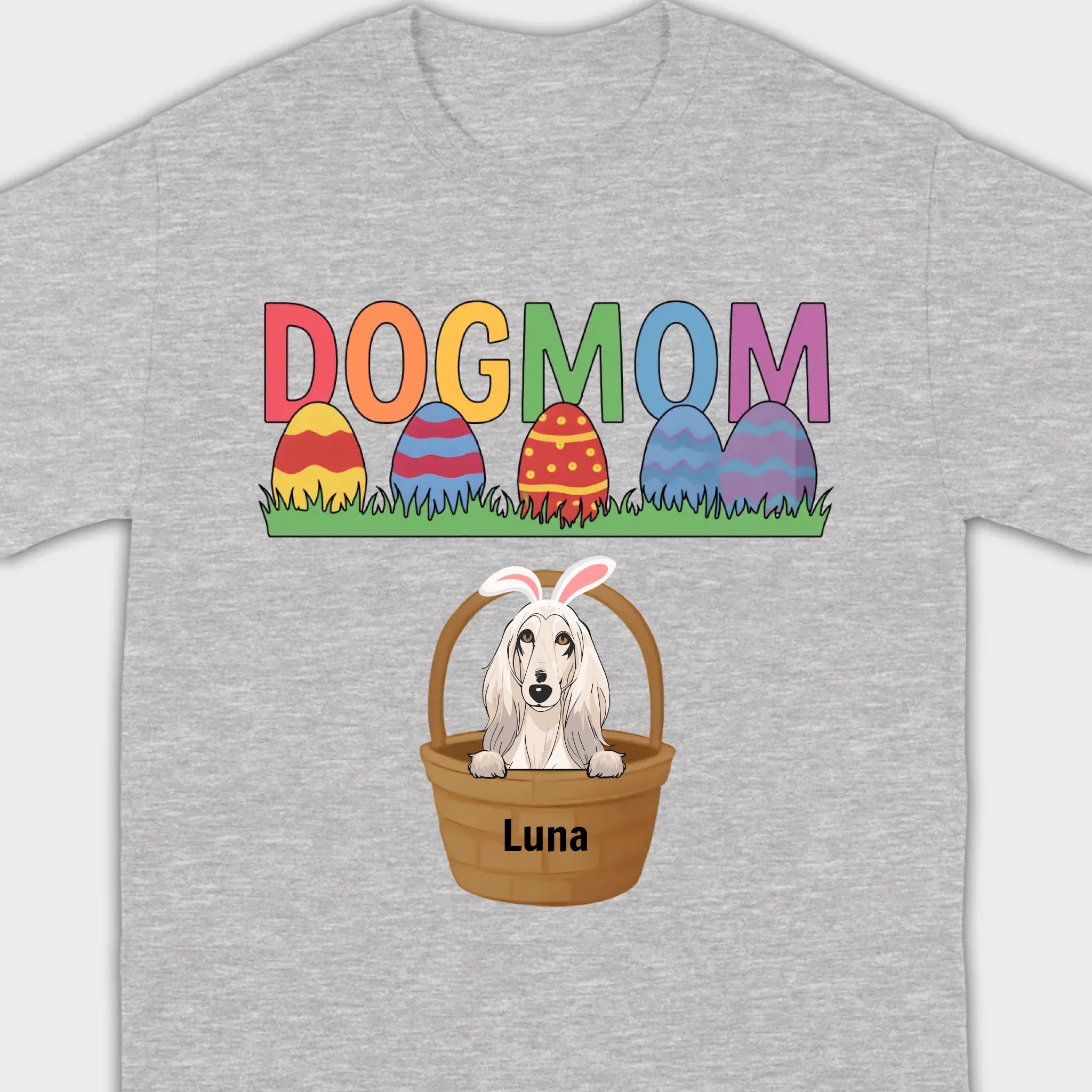 Easter Dog Lover Gift – “DOG MOM” Tee with Rainbow Letters and Eggs - 89Prints