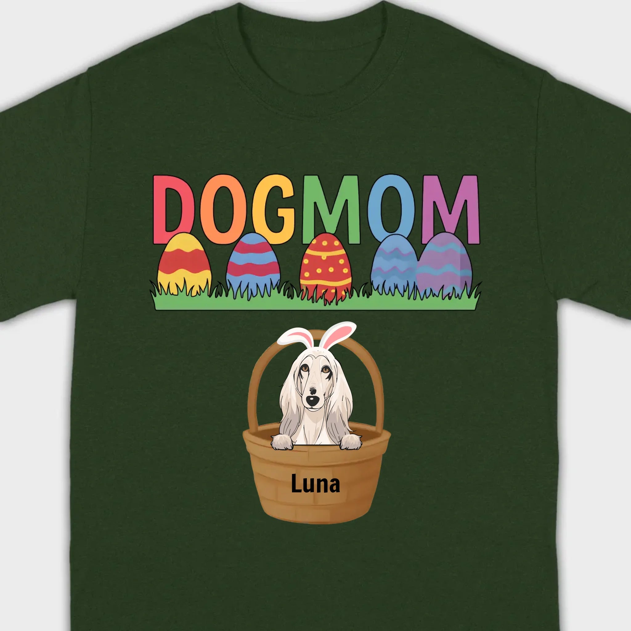 Easter Dog Lover Gift – “DOG MOM” Tee with Rainbow Letters and Eggs - 89Prints