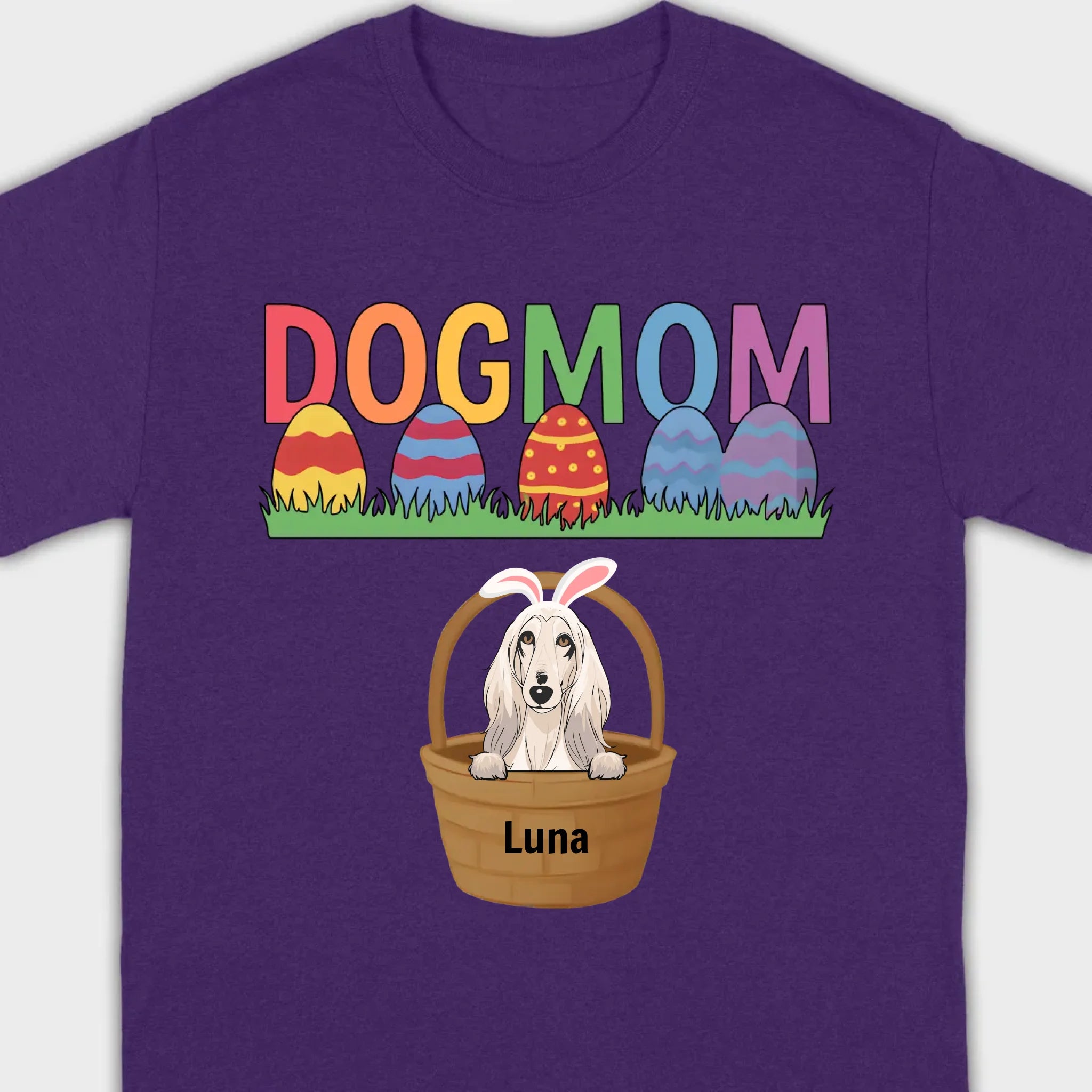 Easter Dog Lover Gift – “DOG MOM” Tee with Rainbow Letters and Eggs - 89Prints