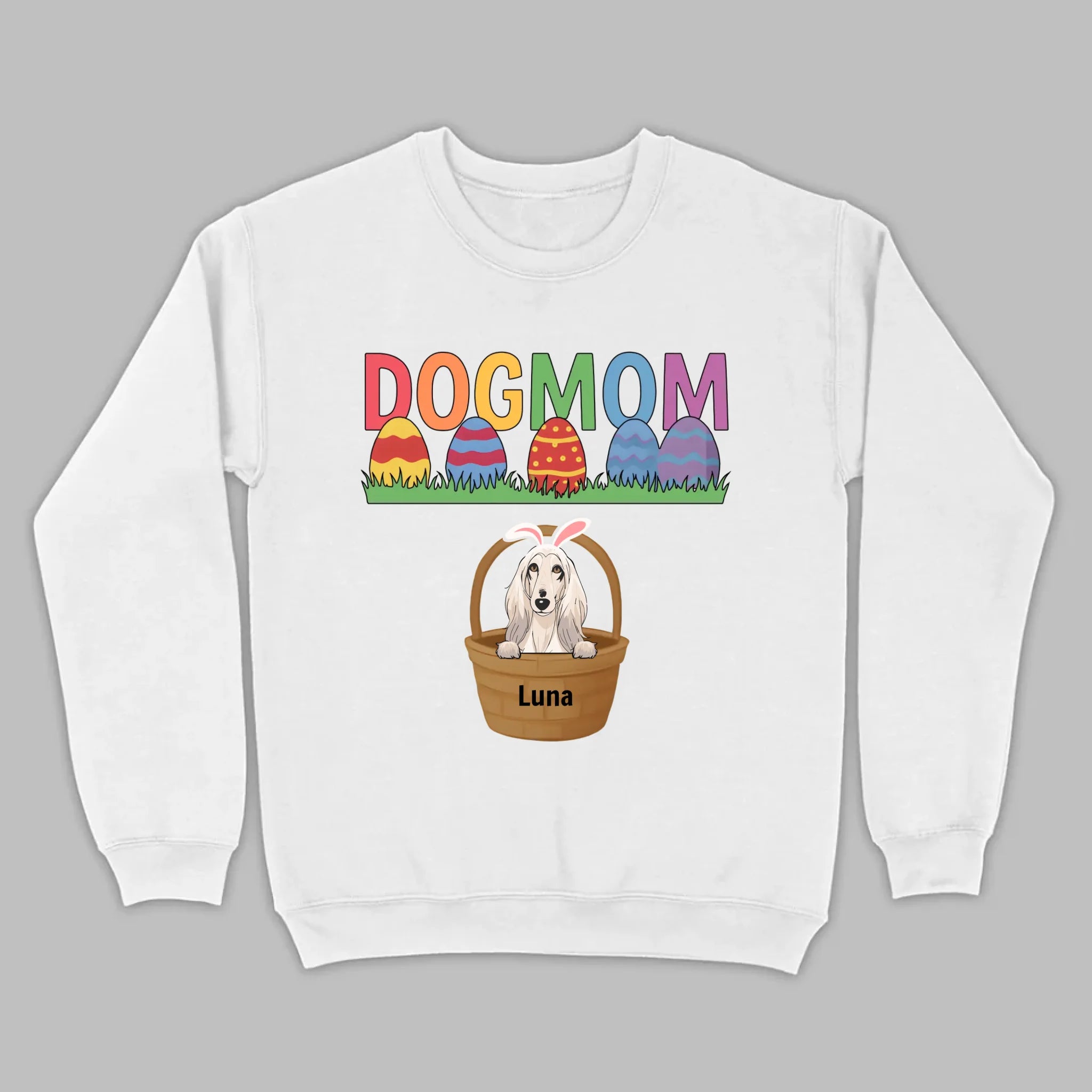 Easter Dog Lover Gift – “DOG MOM” Tee with Rainbow Letters and Eggs - 89Prints