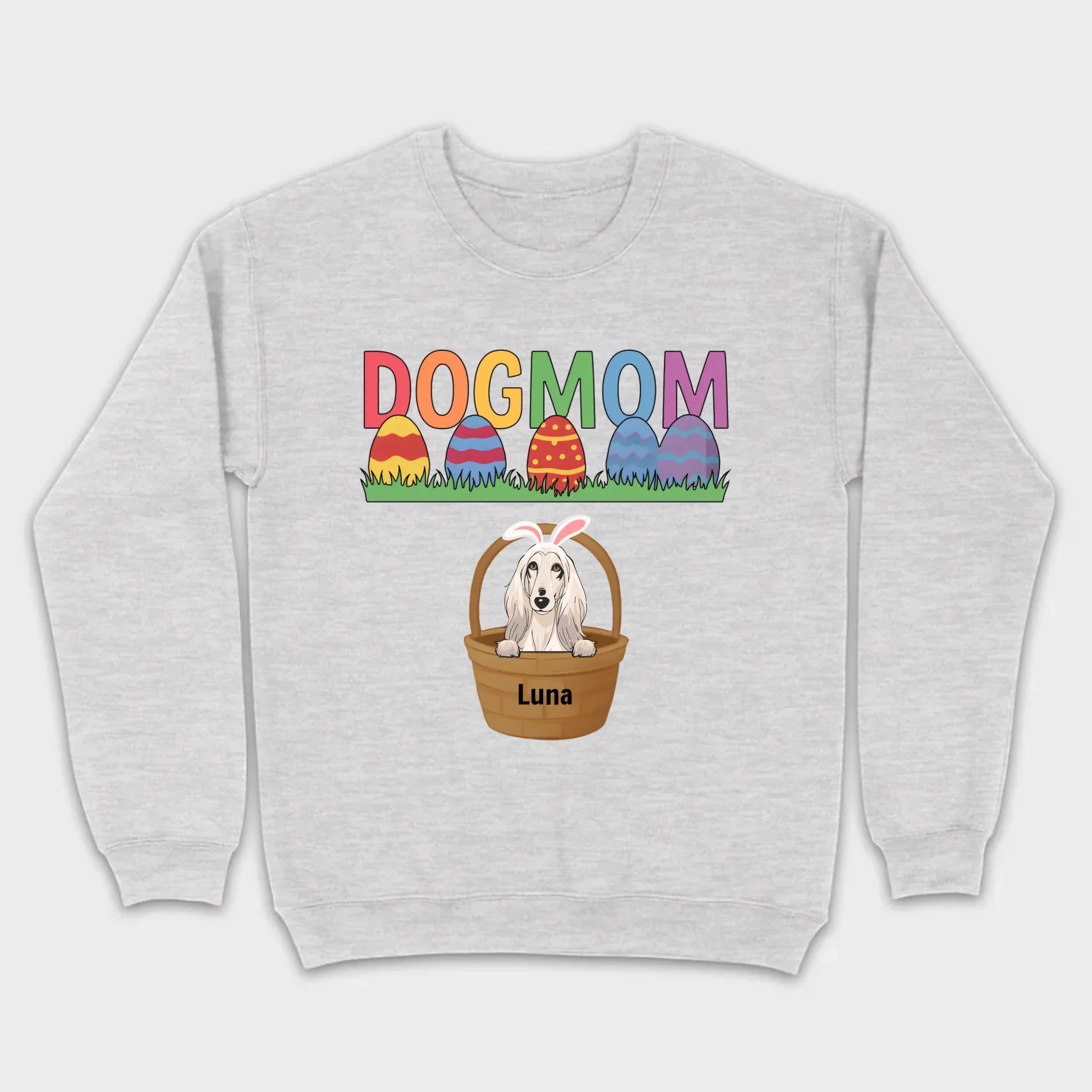 Easter Dog Lover Gift – “DOG MOM” Tee with Rainbow Letters and Eggs - 89Prints