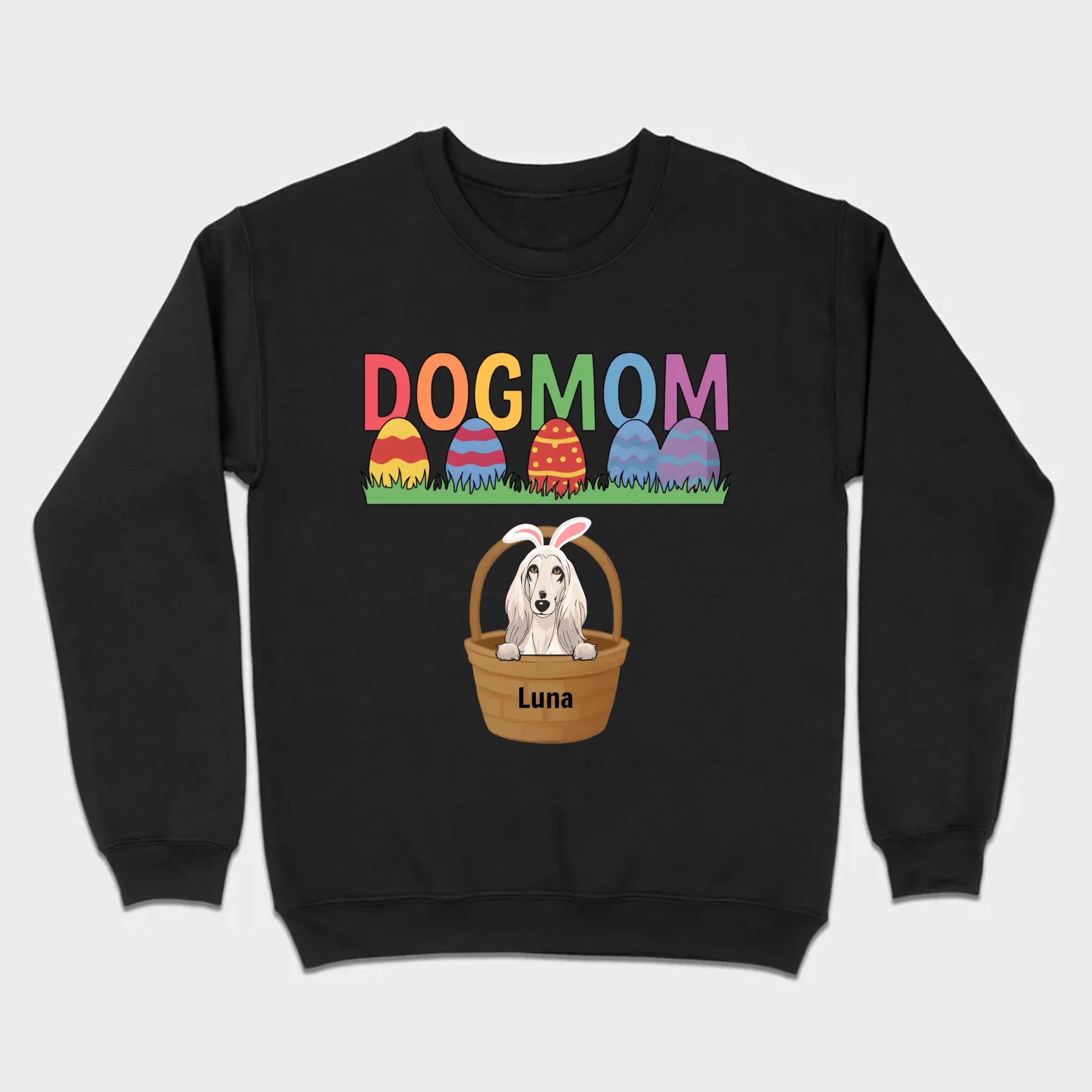 Easter Dog Lover Gift – “DOG MOM” Tee with Rainbow Letters and Eggs - 89Prints