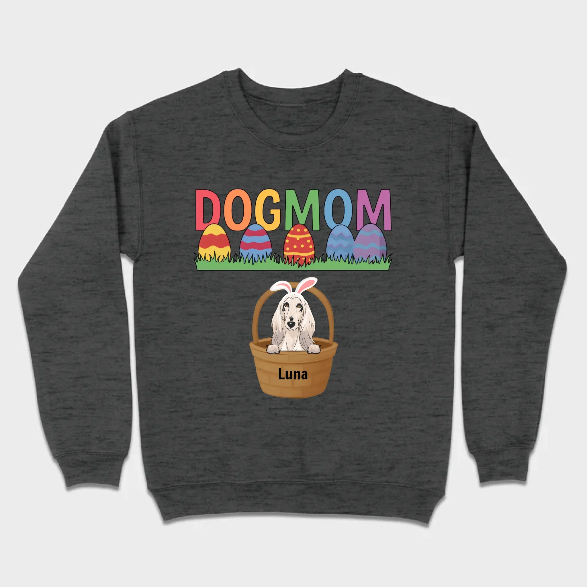 Easter Dog Lover Gift – “DOG MOM” Tee with Rainbow Letters and Eggs - 89Prints