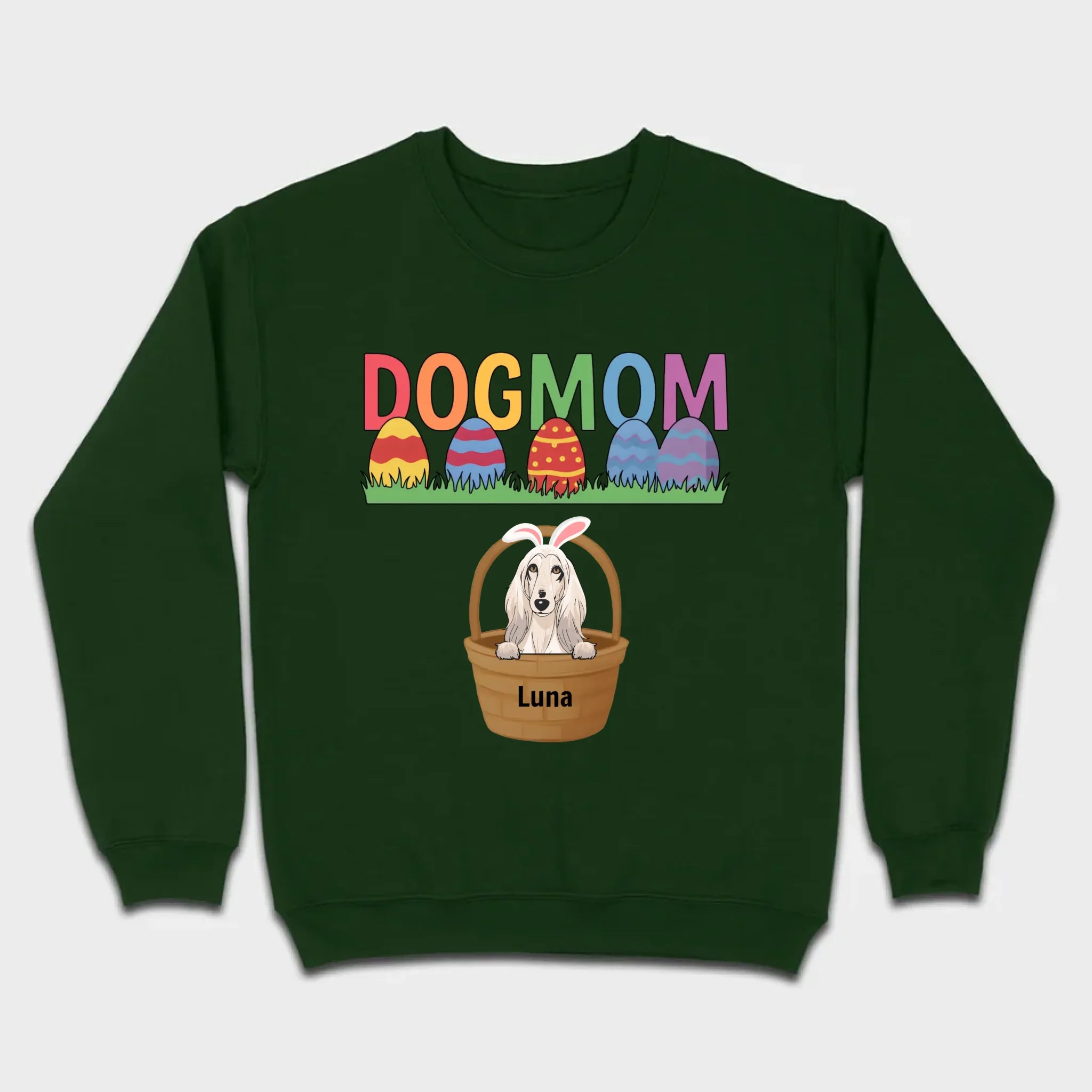 Easter Dog Lover Gift – “DOG MOM” Tee with Rainbow Letters and Eggs - 89Prints
