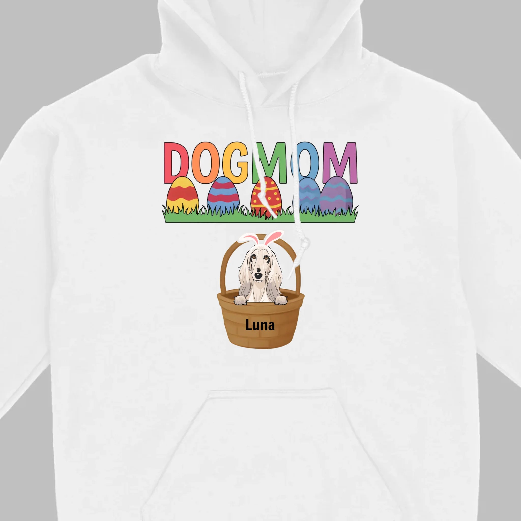 Easter Dog Lover Gift – “DOG MOM” Tee with Rainbow Letters and Eggs - 89Prints