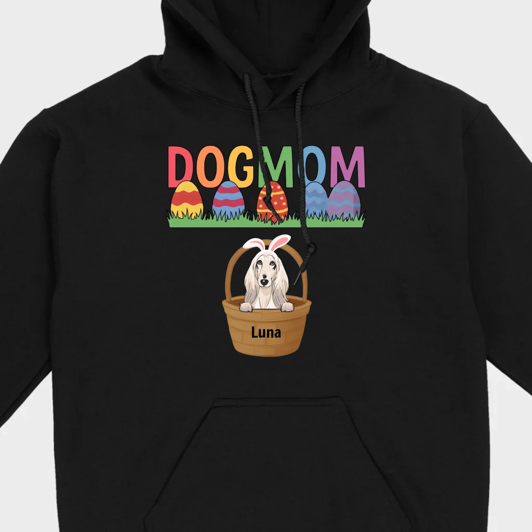 Easter Dog Lover Gift – “DOG MOM” Tee with Rainbow Letters and Eggs - 89Prints