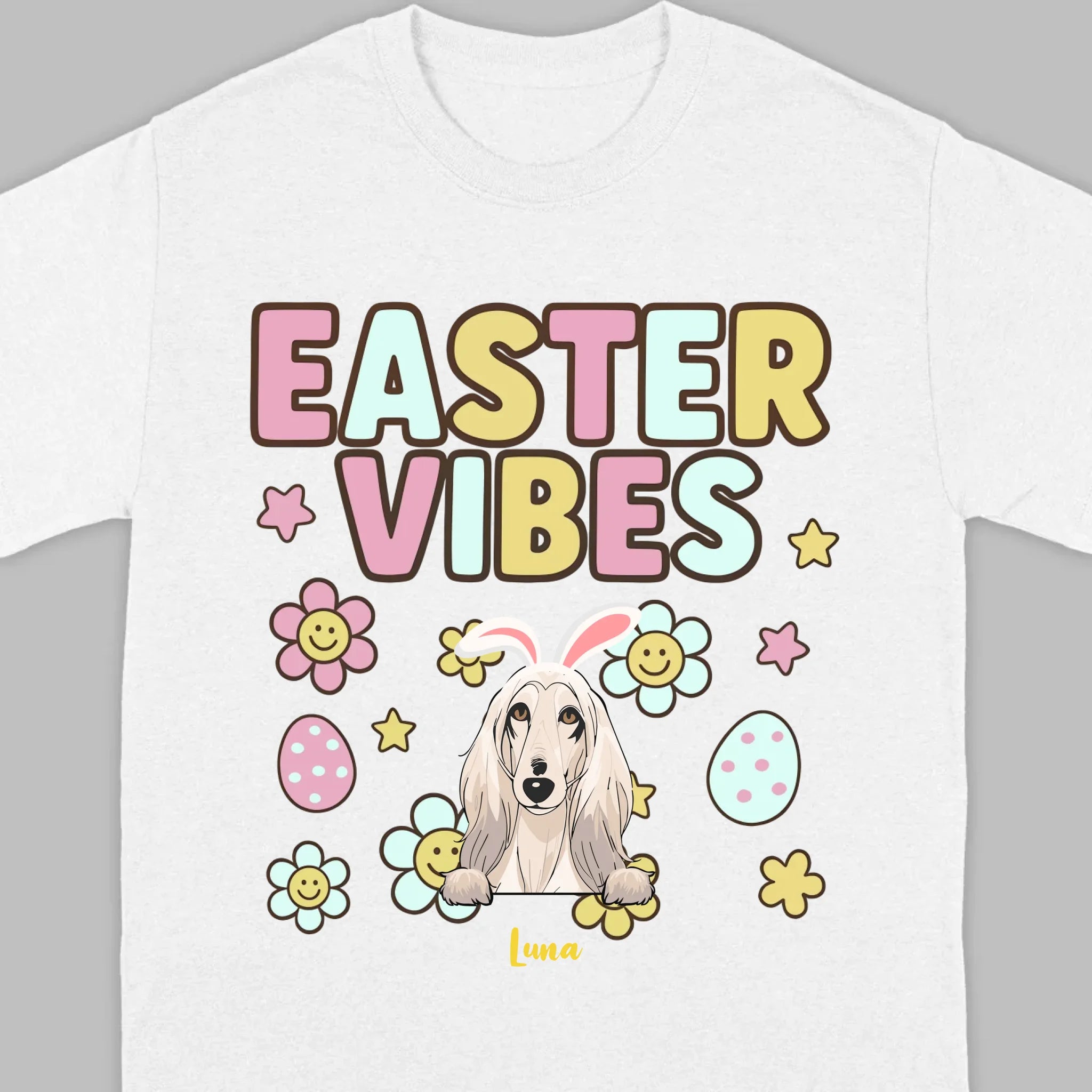 Custom Dog T-Shirt – Easter Vibes Graphic with Pet Name - 89Prints