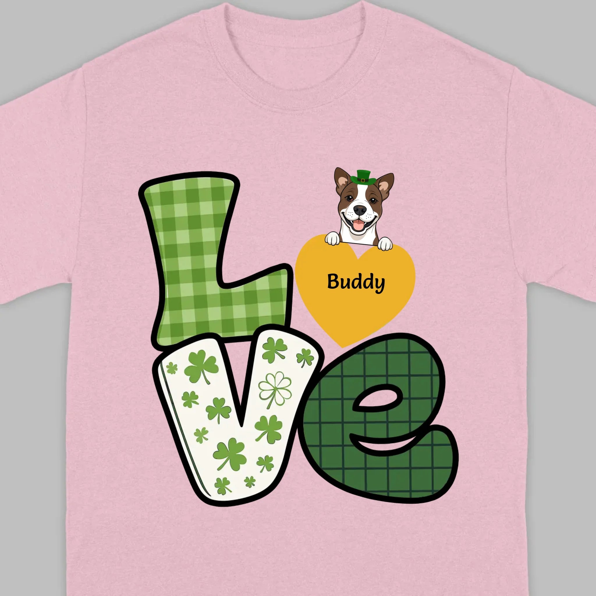 St. Patrick’s LOVE Dog Shirt – Custom Pet Name & Green Clover Design - 89Prints