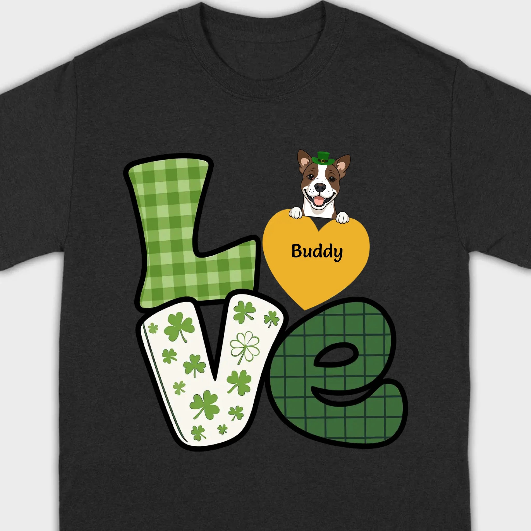 St. Patrick’s LOVE Dog Shirt – Custom Pet Name & Green Clover Design - 89Prints