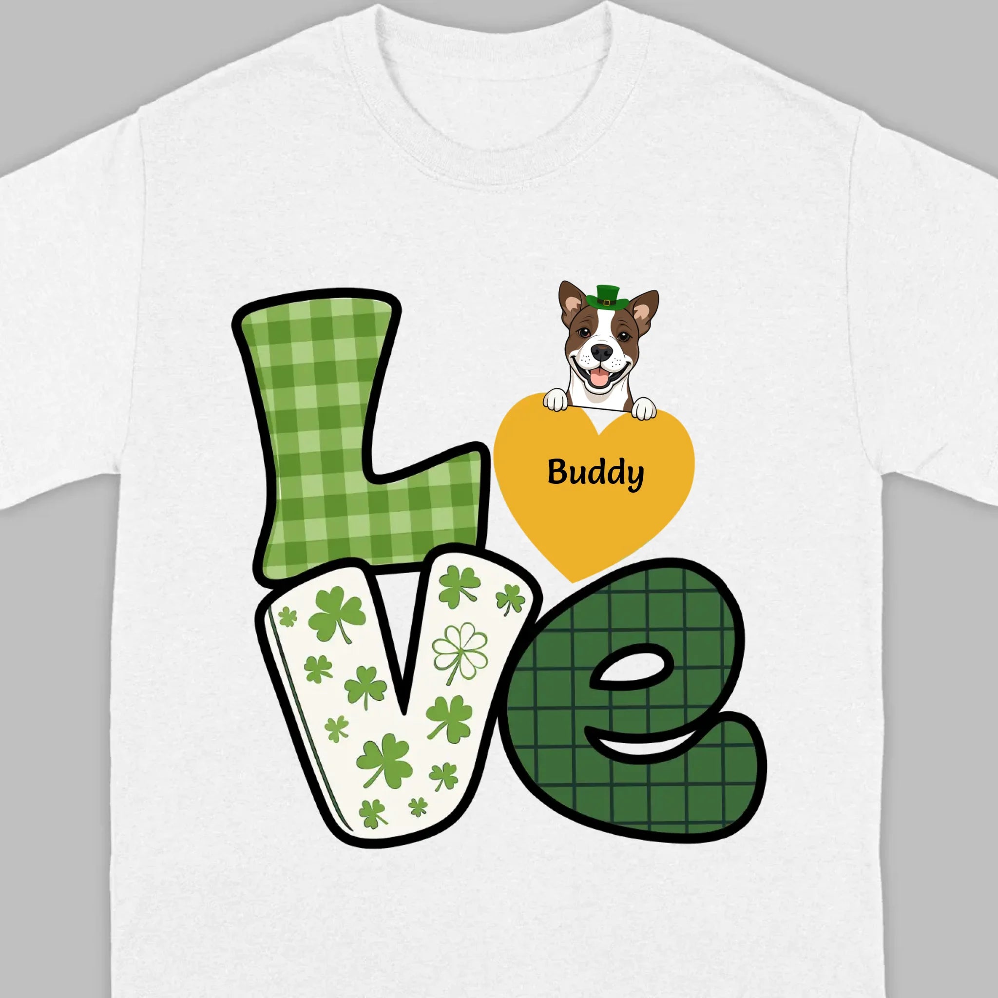 St. Patrick’s LOVE Dog Shirt – Custom Pet Name & Green Clover Design - 89Prints