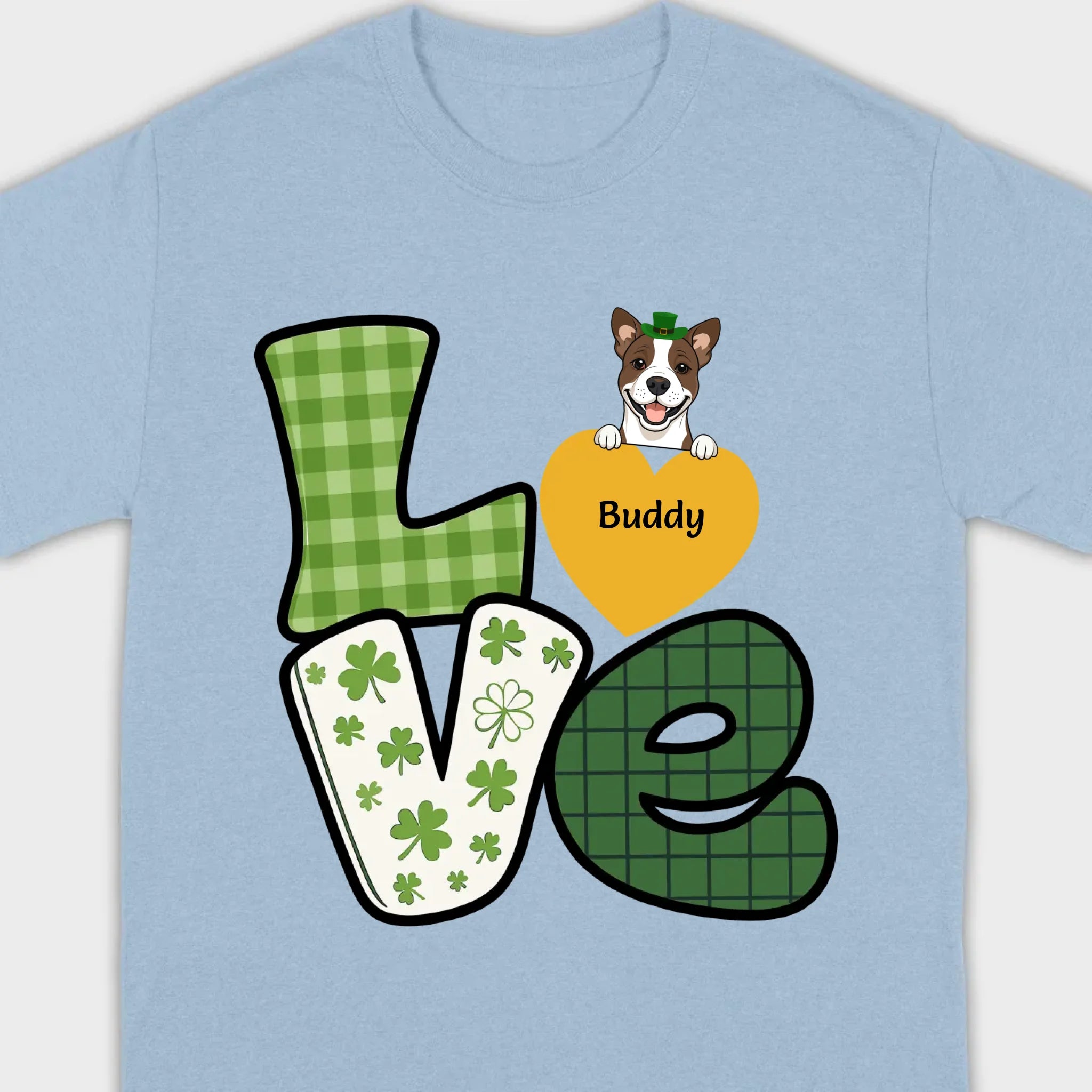 St. Patrick’s LOVE Dog Shirt – Custom Pet Name & Green Clover Design - 89Prints