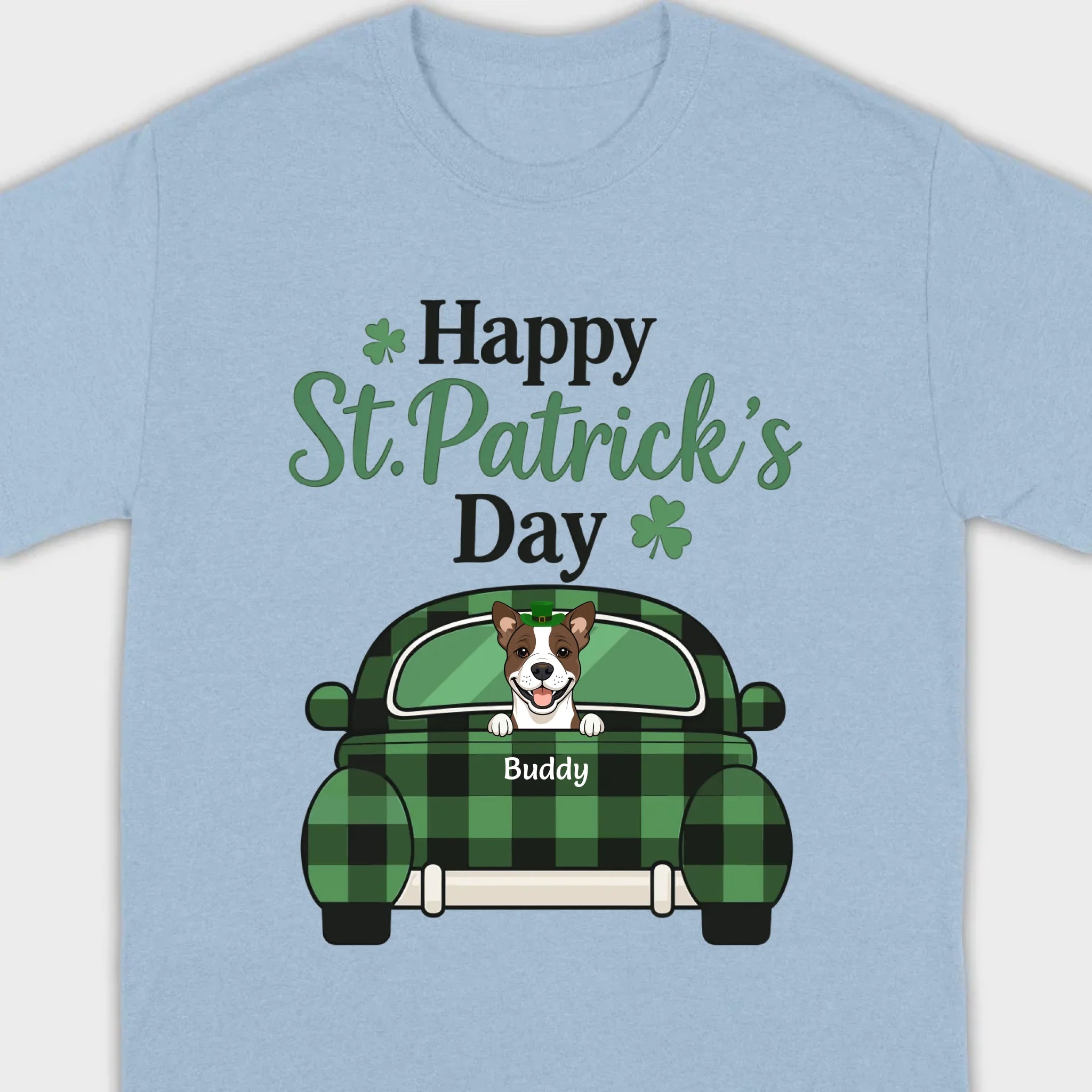 Cute Dog & Plaid Car “Happy St. Patrick’s Day” Tee – Fun Green Holiday Outfit - 89Prints