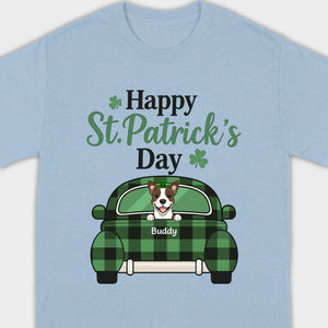 Cute Dog & Plaid Car “Happy St. Patrick’s Day” Tee – Fun Green Holiday Outfit - 89Prints