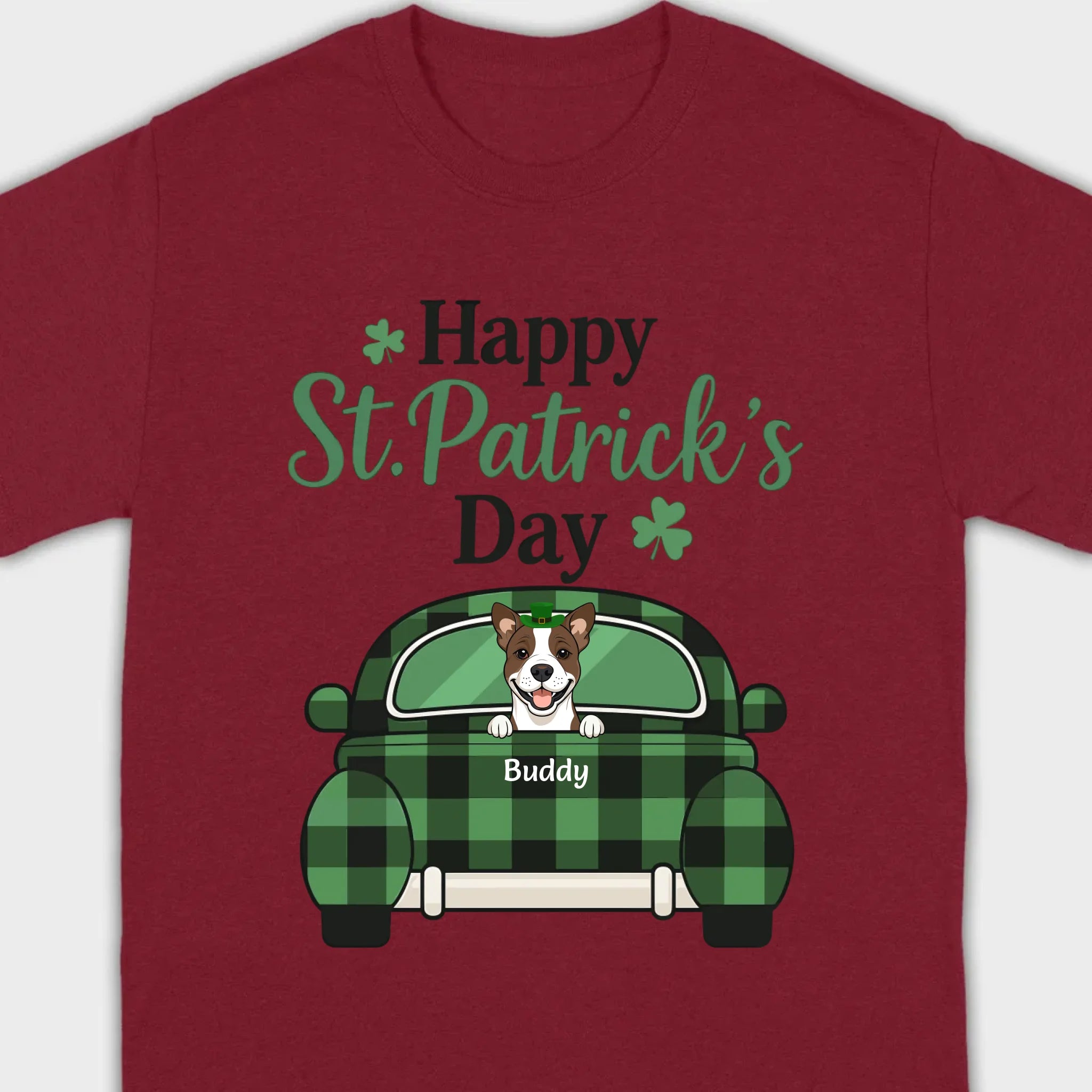 Cute Dog & Plaid Car “Happy St. Patrick’s Day” Tee – Fun Green Holiday Outfit - 89Prints