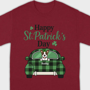 Cute Dog & Plaid Car “Happy St. Patrick’s Day” Tee – Fun Green Holiday Outfit - 89Prints