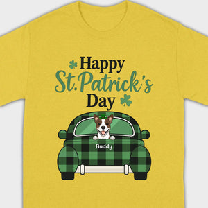 Cute Dog & Plaid Car “Happy St. Patrick’s Day” Tee – Fun Green Holiday Outfit - 89Prints