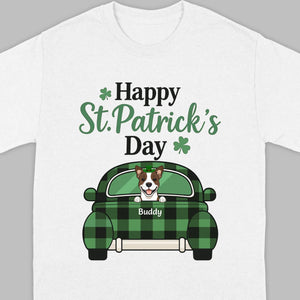 Cute Dog & Plaid Car “Happy St. Patrick’s Day” Tee – Fun Green Holiday Outfit - 89Prints