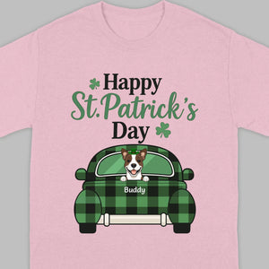 Cute Dog & Plaid Car “Happy St. Patrick’s Day” Tee – Fun Green Holiday Outfit - 89Prints