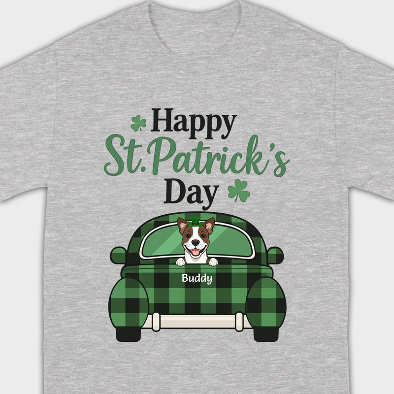 Cute Dog & Plaid Car “Happy St. Patrick’s Day” Tee – Fun Green Holiday Outfit - 89Prints