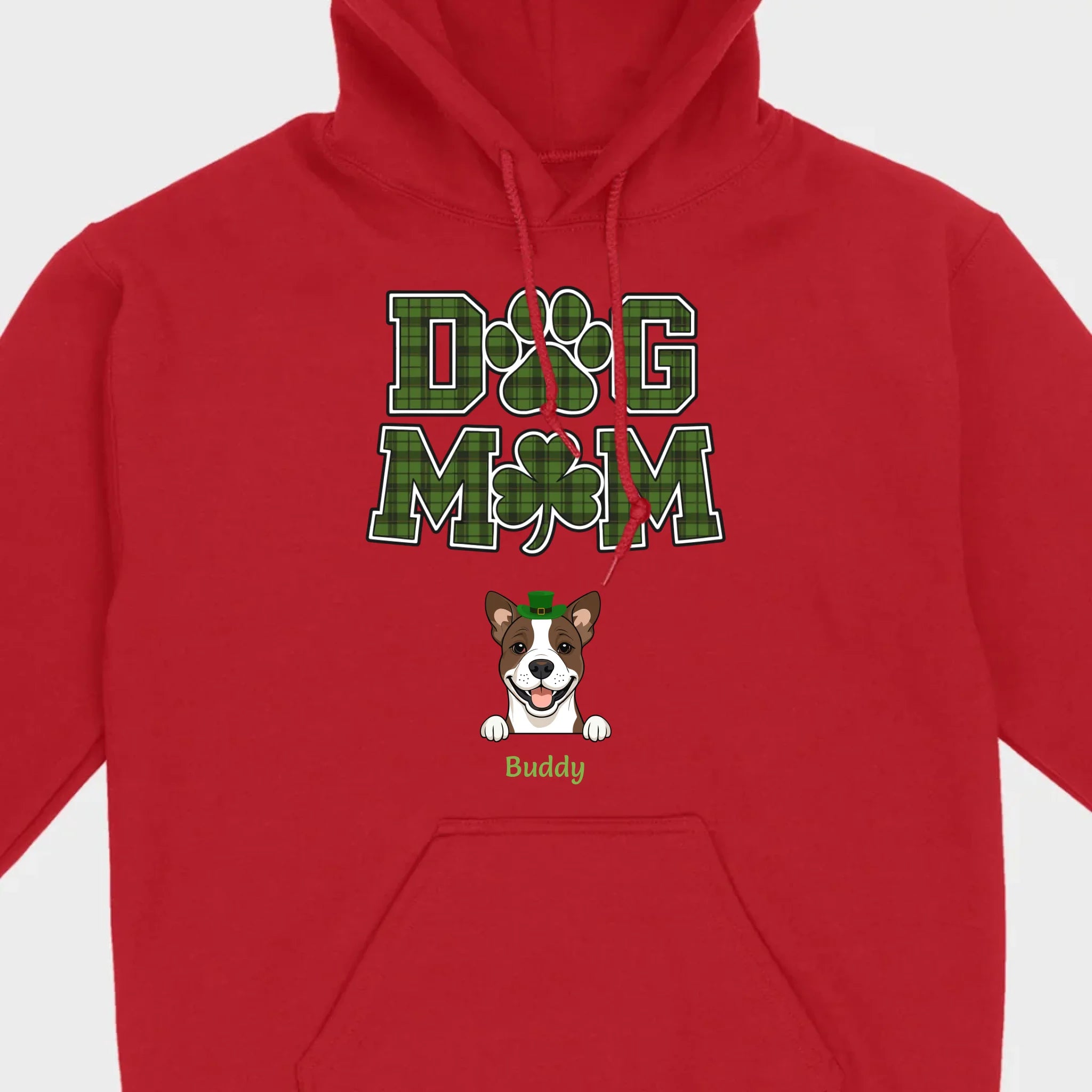 Dog Mom Hoodie – Green Plaid St. Patrick’s Day Design with Cute Hat-Wearing Pup - 89Prints