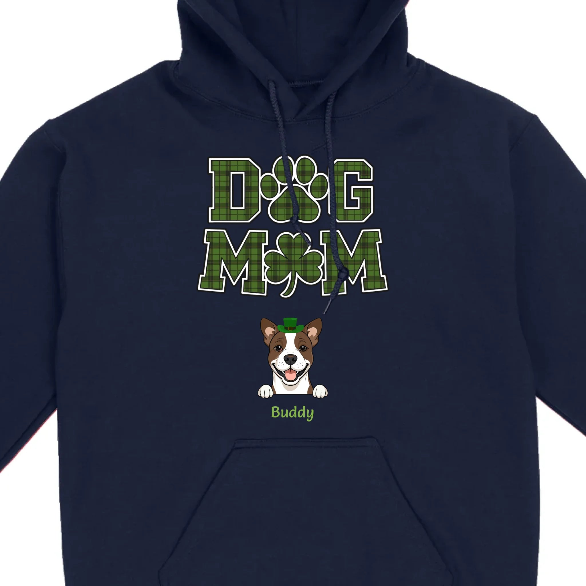 Dog Mom Hoodie – Green Plaid St. Patrick’s Day Design with Cute Hat-Wearing Pup - 89Prints