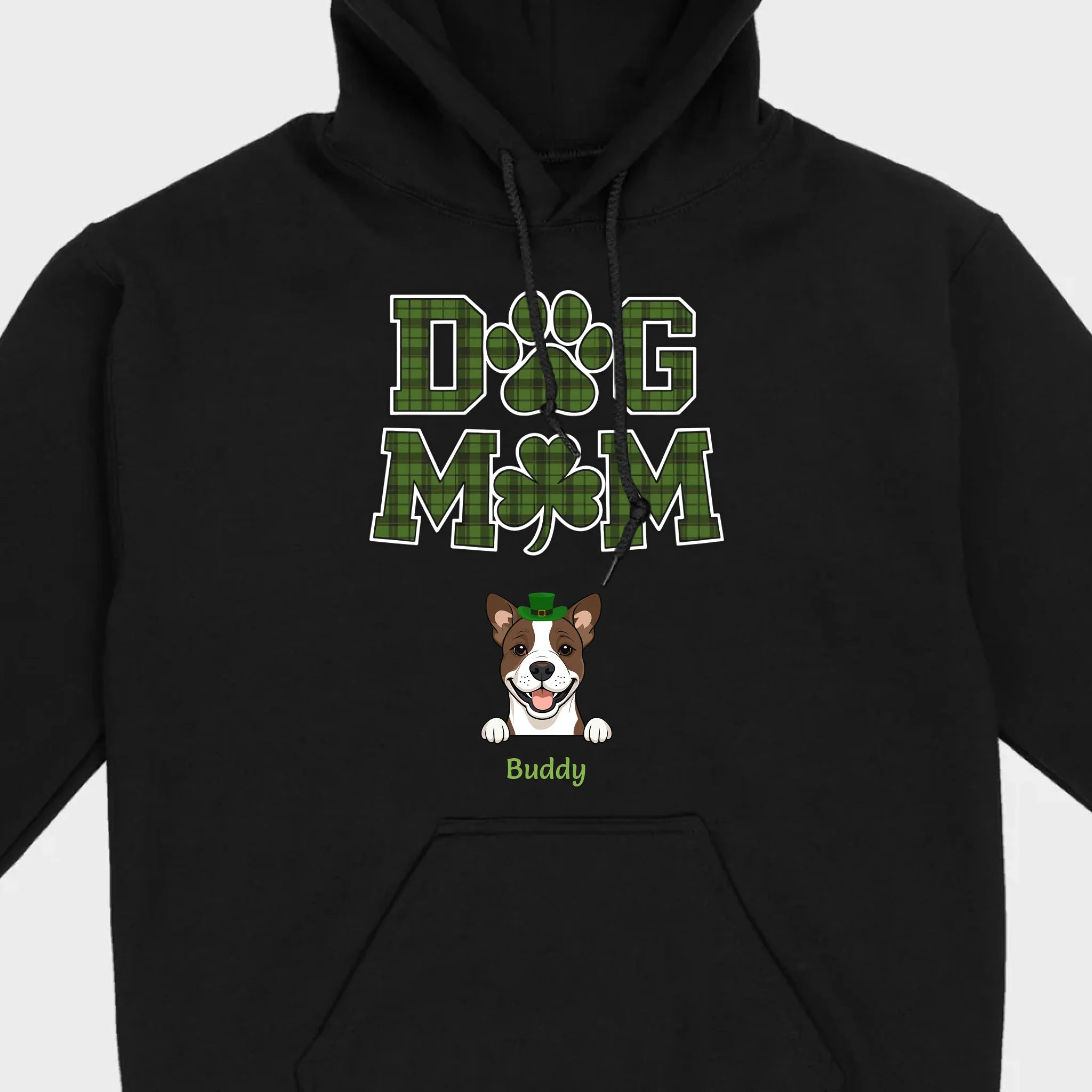 Dog Mom Hoodie – Green Plaid St. Patrick’s Day Design with Cute Hat-Wearing Pup - 89Prints