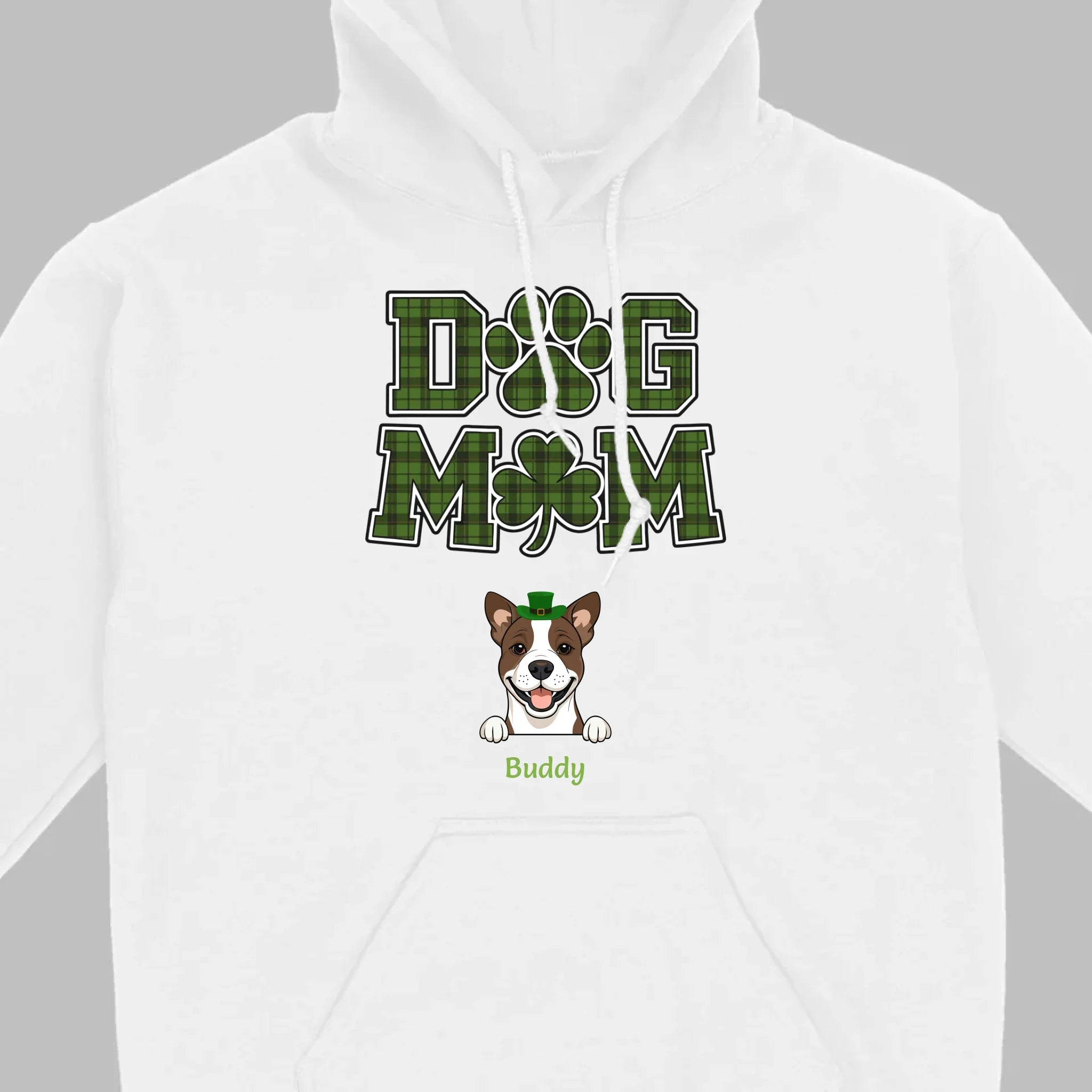 Dog Mom Hoodie – Green Plaid St. Patrick’s Day Design with Cute Hat-Wearing Pup - 89Prints