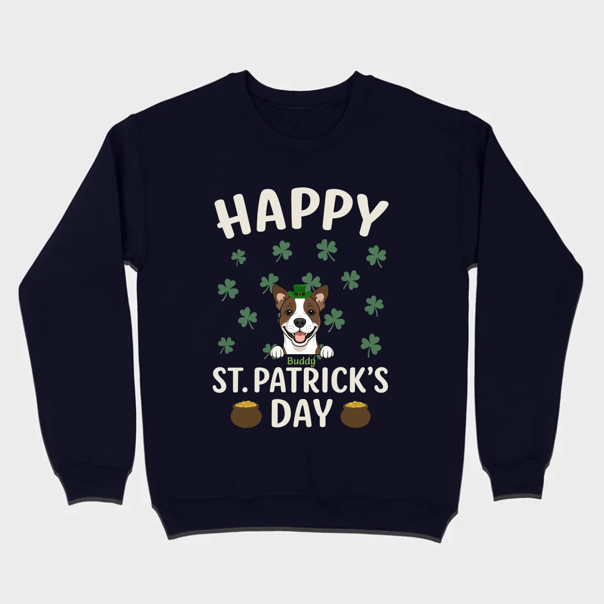 St. Patrick’s Day Dog Shirt – Cute Dog in Leprechaun Hat with Gold Pots & “Happy St. Patrick’s Day” Graphic - 89Prints