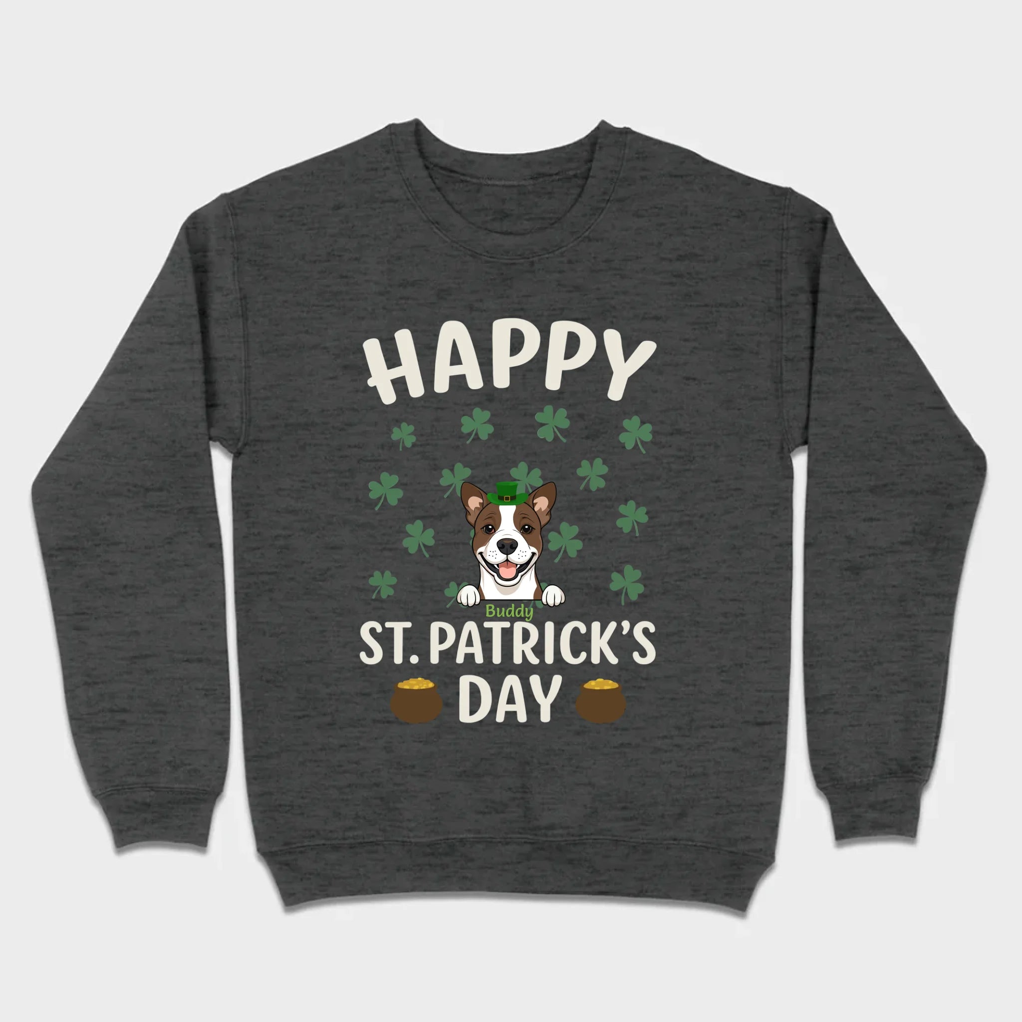 St. Patrick’s Day Dog Shirt – Cute Dog in Leprechaun Hat with Gold Pots & “Happy St. Patrick’s Day” Graphic - 89Prints