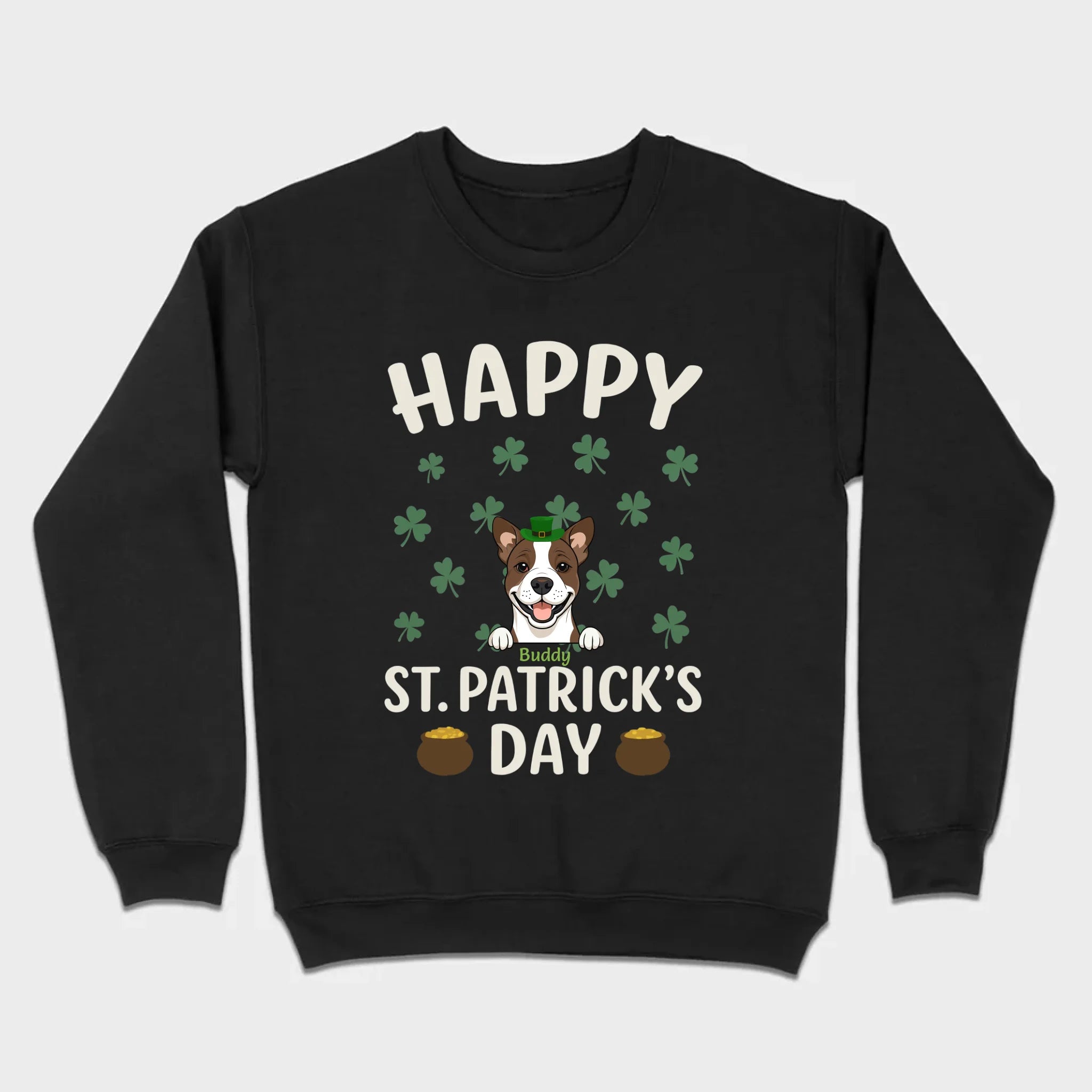 St. Patrick’s Day Dog Shirt – Cute Dog in Leprechaun Hat with Gold Pots & “Happy St. Patrick’s Day” Graphic - 89Prints