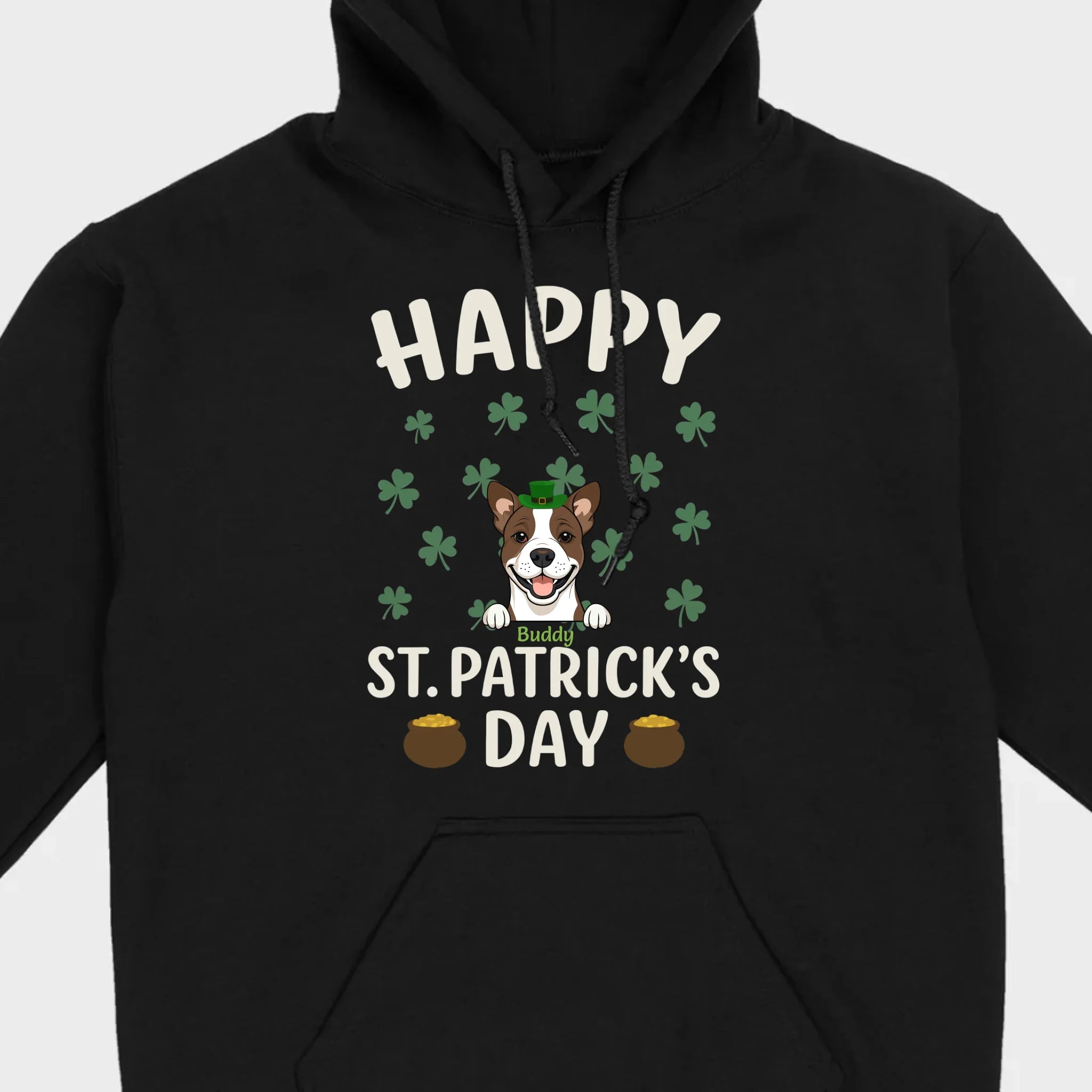 St. Patrick’s Day Dog Shirt – Cute Dog in Leprechaun Hat with Gold Pots & “Happy St. Patrick’s Day” Graphic - 89Prints