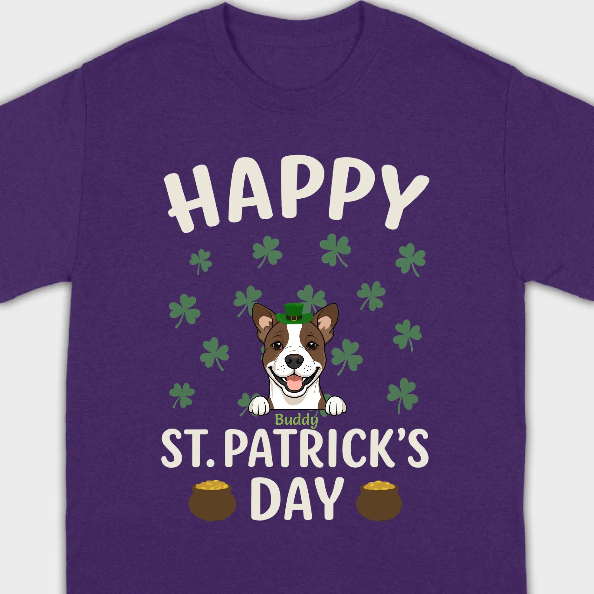 St. Patrick’s Day Dog Shirt – Cute Dog in Leprechaun Hat with Gold Pots & “Happy St. Patrick’s Day” Graphic - 89Prints
