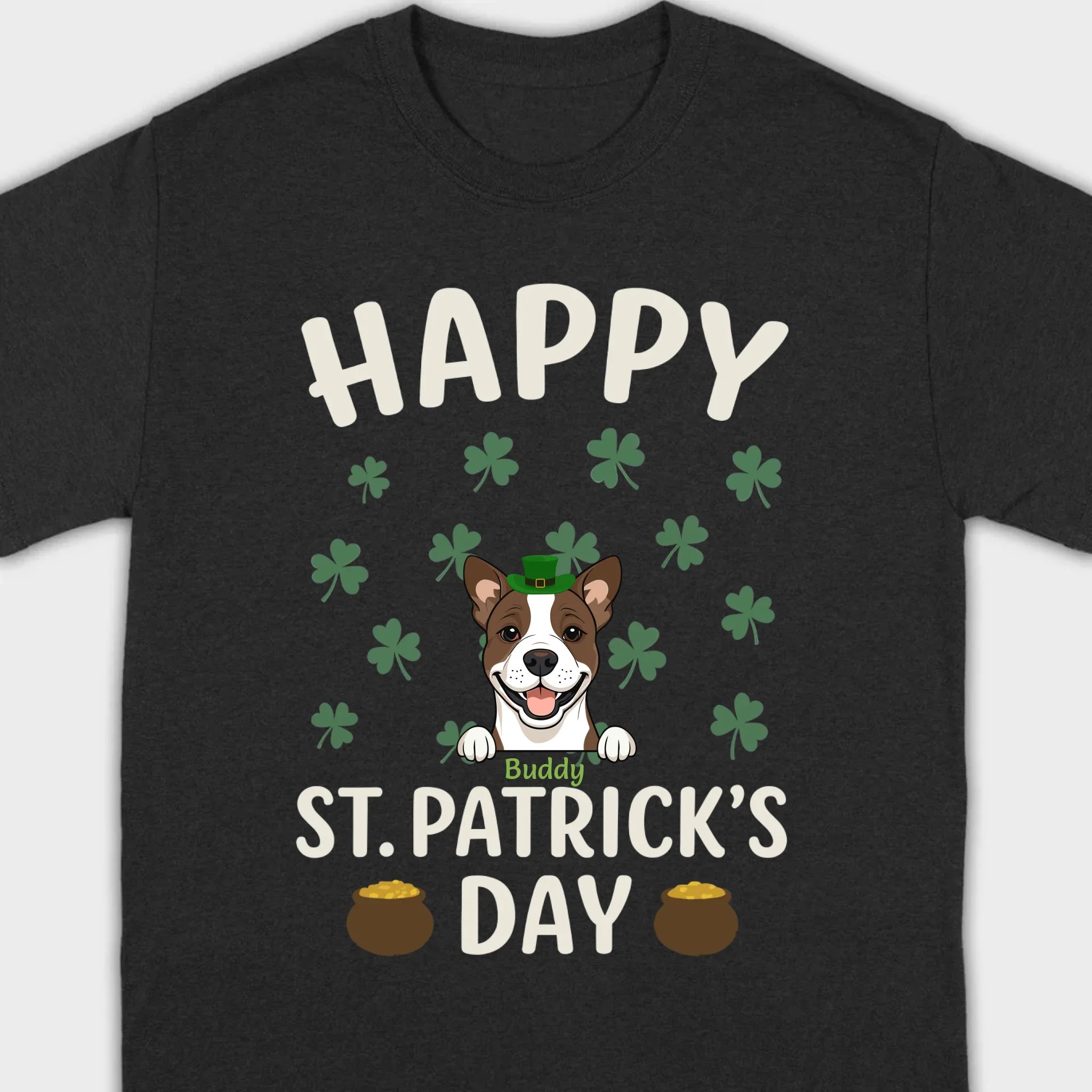 St. Patrick’s Day Dog Shirt – Cute Dog in Leprechaun Hat with Gold Pots & “Happy St. Patrick’s Day” Graphic - 89Prints