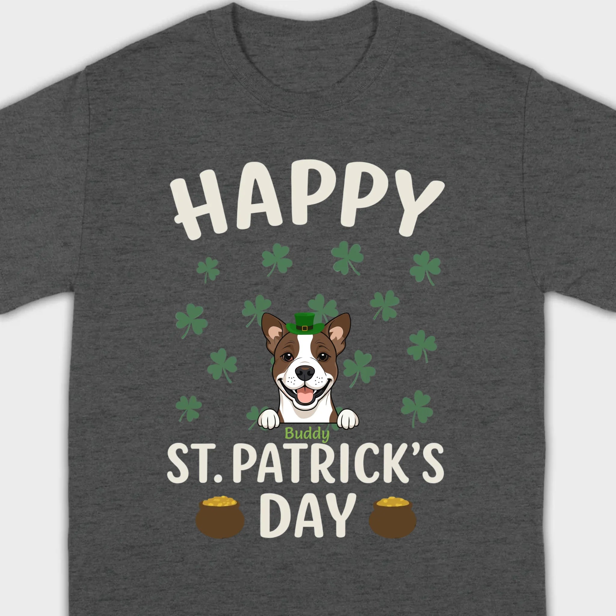 St. Patrick’s Day Dog Shirt – Cute Dog in Leprechaun Hat with Gold Pots & “Happy St. Patrick’s Day” Graphic - 89Prints